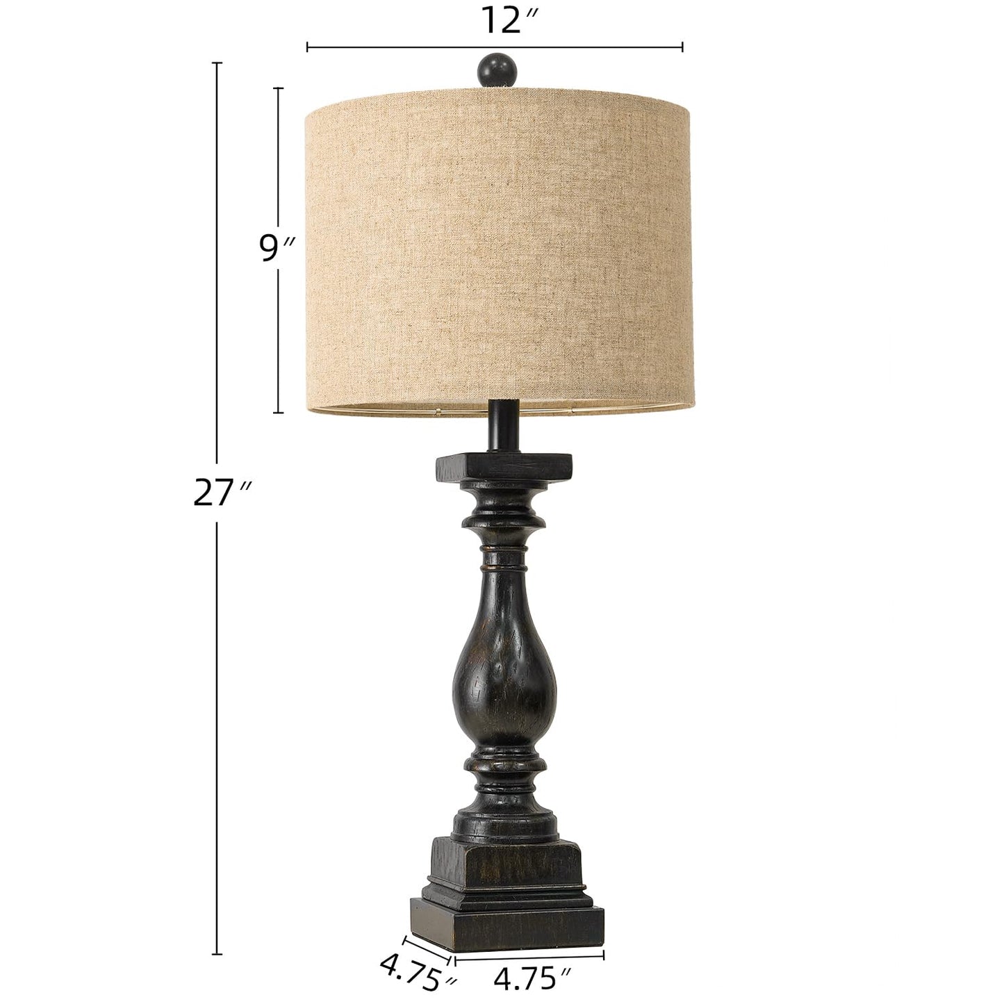 BOBOMOMO 27" Farmhouse Black Table Lamp Set of 2 with USB A+C for Bedroom Living Room Vintage Rustic Traditional Nightstand Bedside Lamps Retro Side Table Lamps (Blubs not Included)