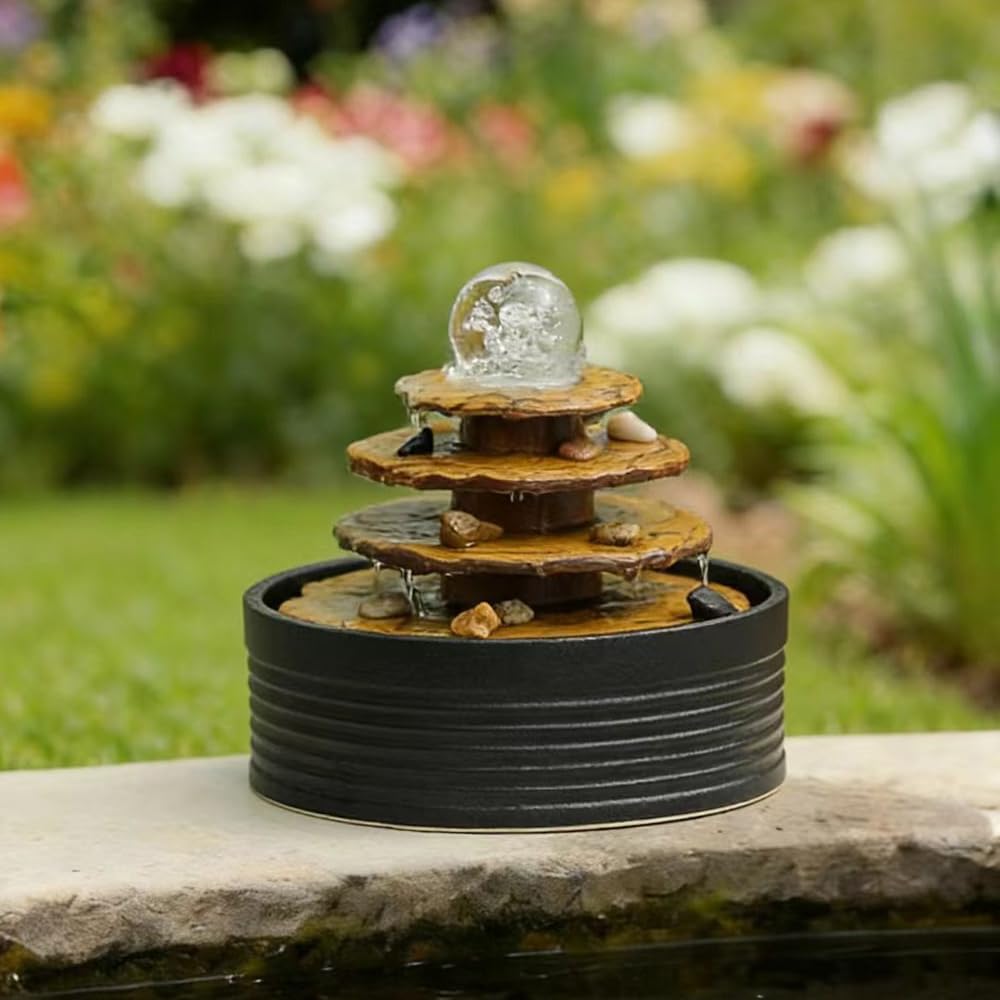 Outdoor and Indoor Tabletop Fountain Desktop Water Feature Ceramic Office (Black A195)