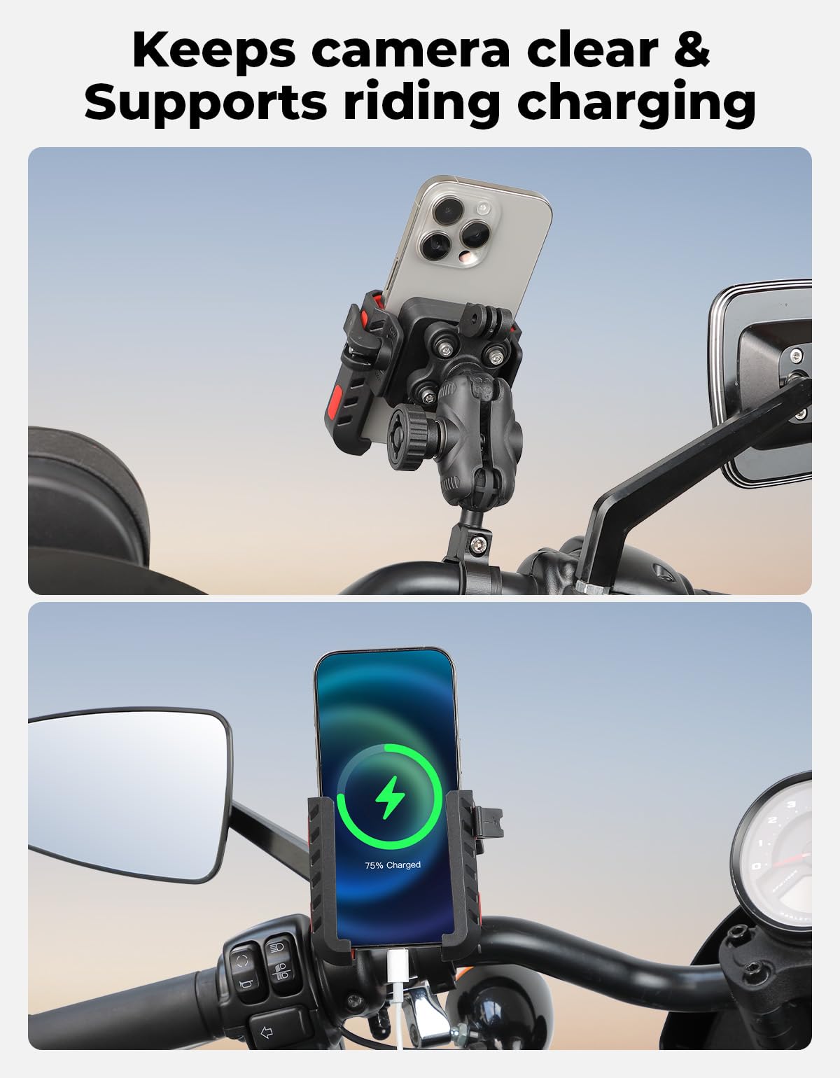 KEMIMOTO Motorcycle Phone Mount with Anti-Theft, Anti-Vibration Dampener Mount One-Hand Operation 360° Adjustable for Motorcycle Bike ATV Scooter Golf Cart Fit 4.7"-7.2" Cellphone