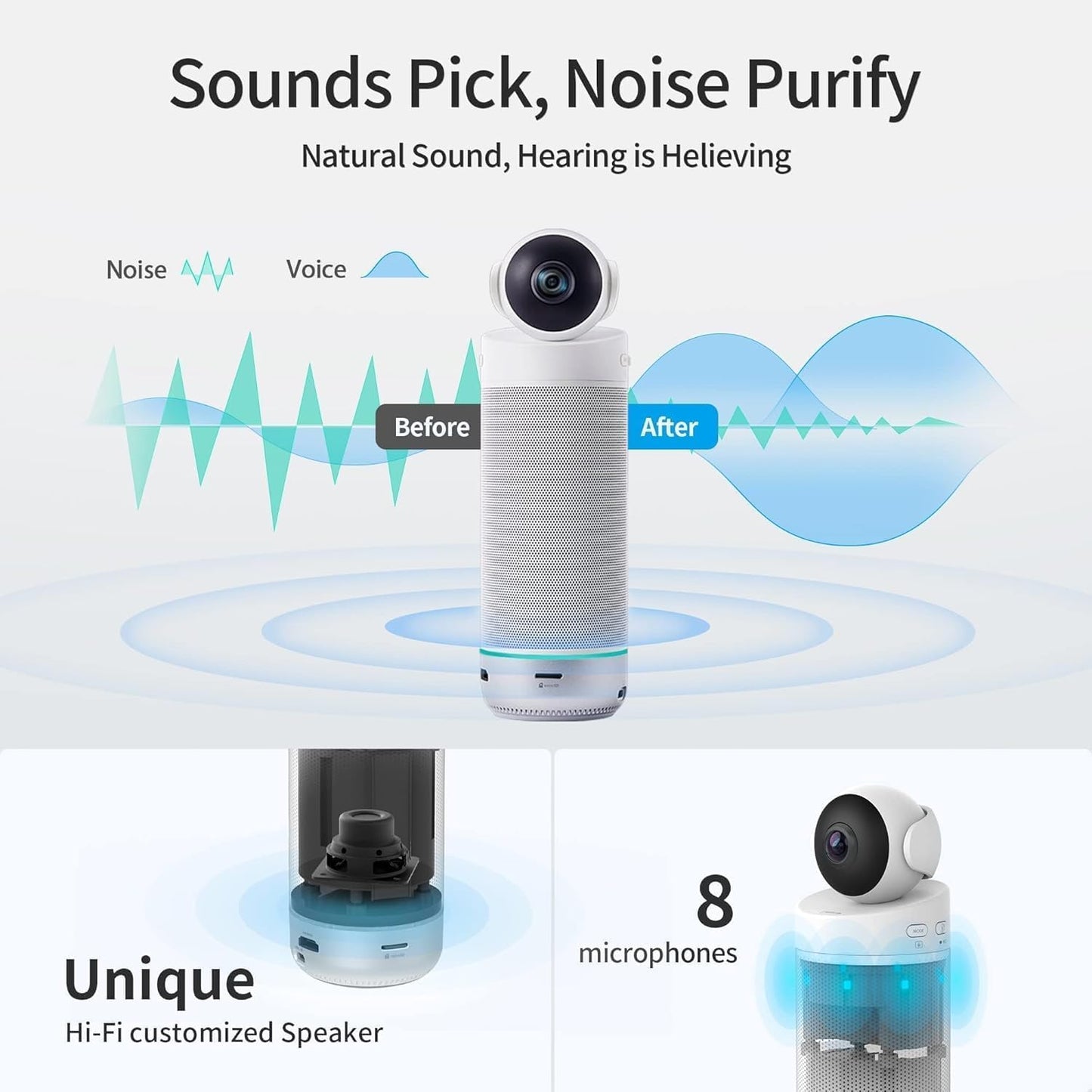 KanDao Meeting S 1080P HD Conference Room Camera, AI Face Recognition and Speaker Tracking, 8 Noise Cancelling Mics, Smart Zoom, Automatic Focus, 180-Degree, Plug & Play, Compatible with Teams, Skype