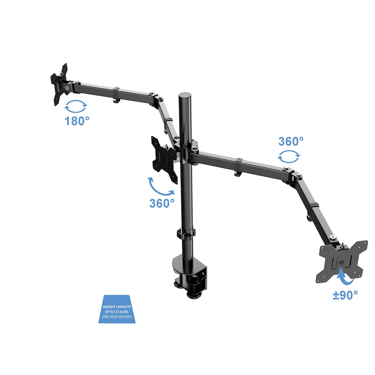 Rocelco Premium Triple Monitor Desk Mount - Standard Pattern Fits 13" - 27" LED LCD Flat Computer Screen - Three Articulated Full Motion Adjustable Arms - Grommet and C Clamp - Black (R DM3)