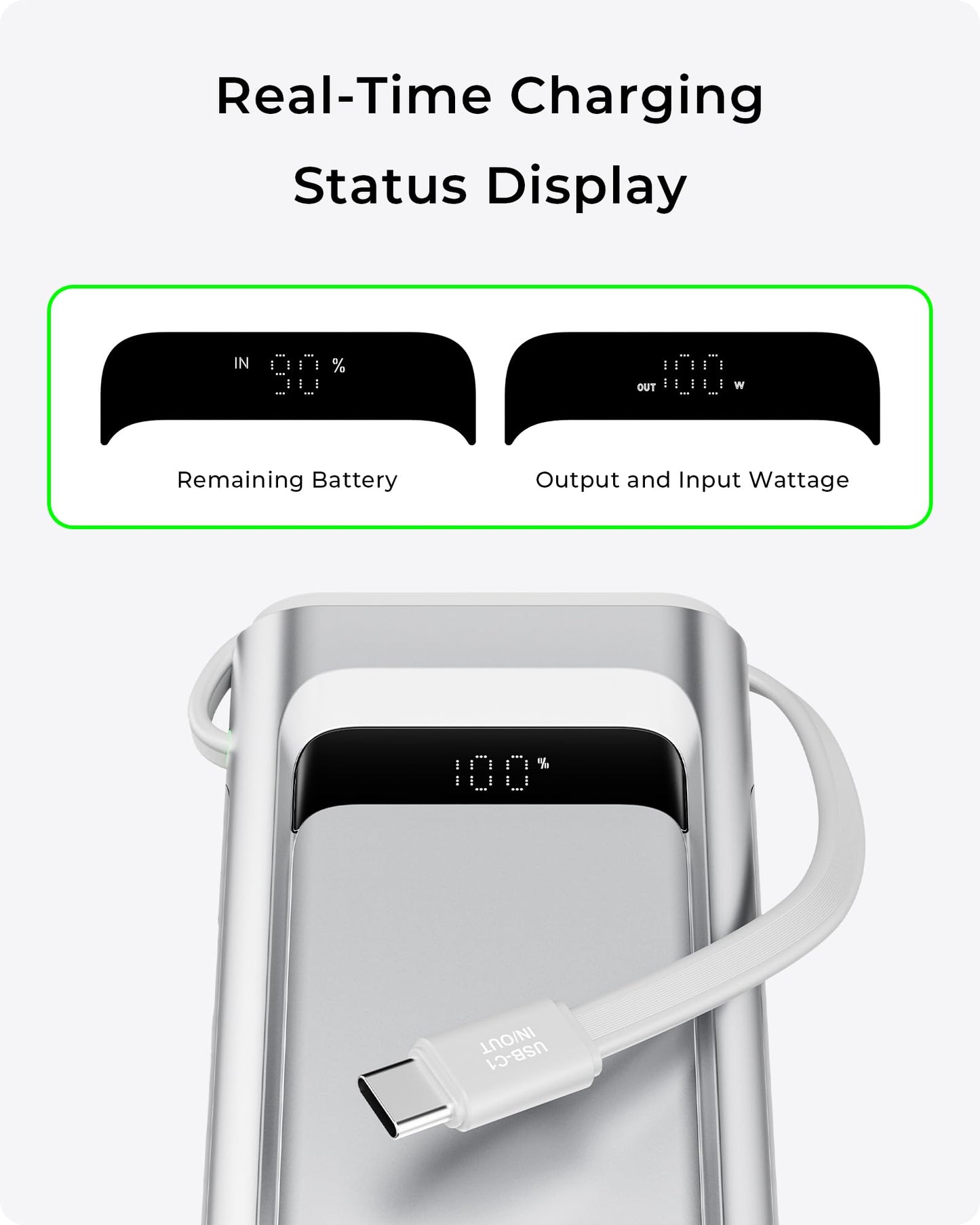 TALIX 100W Laptop Portable Charger,3-Port USB-C Fast Charging Power Bank 10000mAh Battery Pack with Built-in Retractable Cables for MacBook,Computer,Cell Phones,iPhone 17,iPad,Android,Samsung,Silver