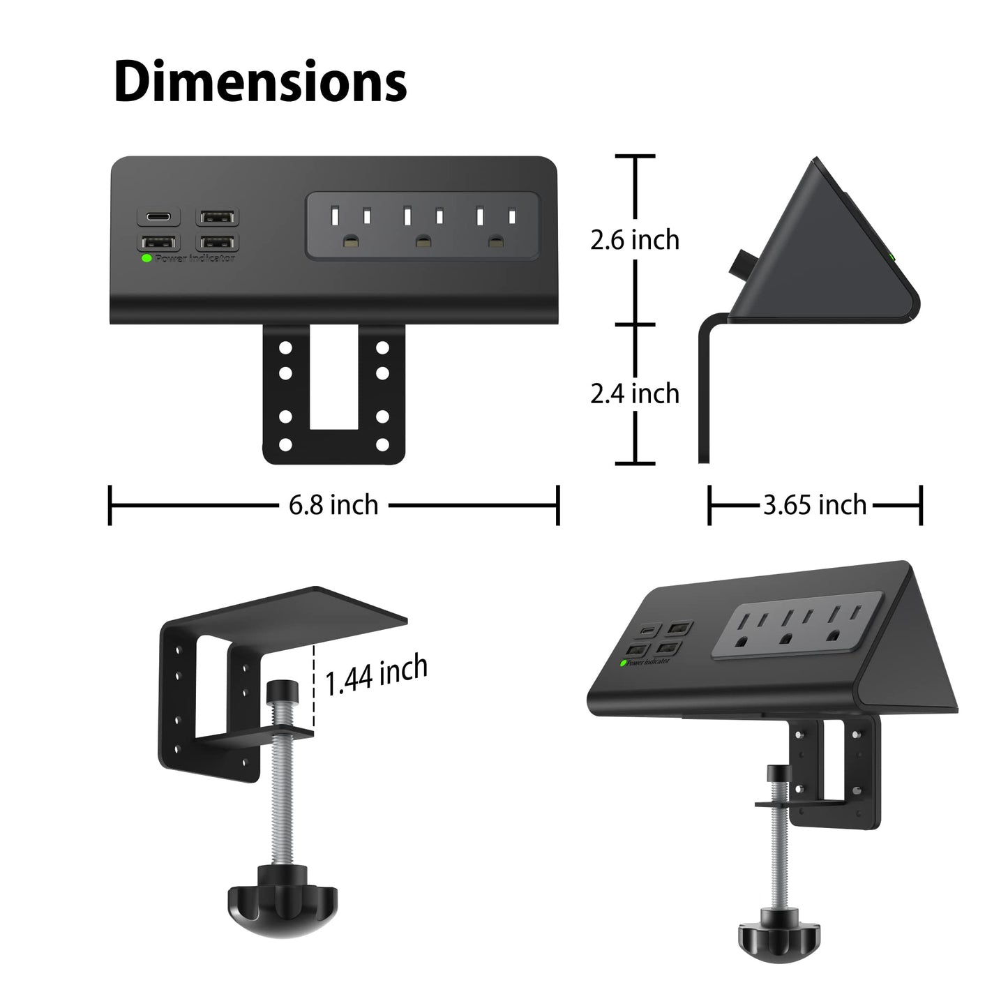 Nightstand Edge Mount Power Strip with USB-C Ports Tabletop Surge Protector Desk Clamp Power Sockets with 3 AC Outlets &4 Fast Charging USB Ports for Home Office Hotel and Dormitory (Black(2-Pack))