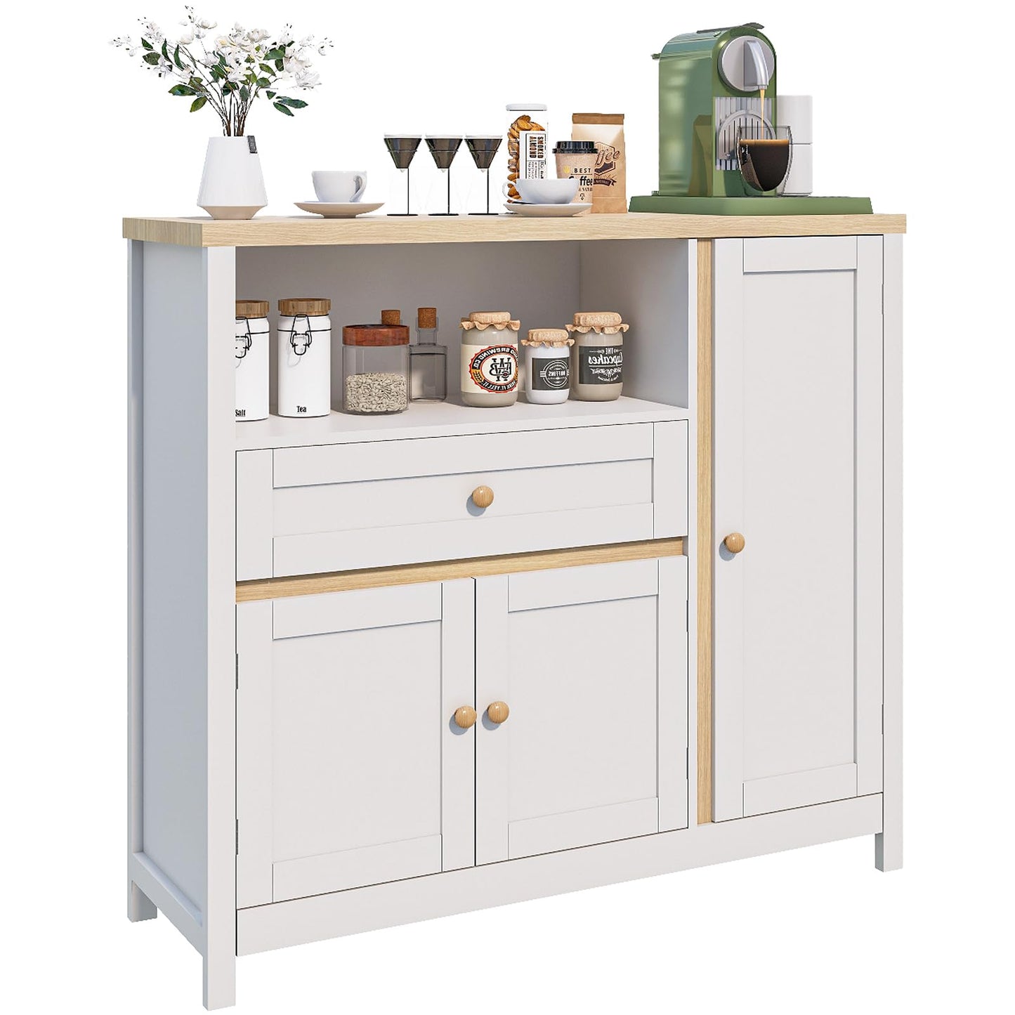 Viaozutis Storage Cabinet with Doors and Drawers,Kitchen Storage Cabinets，with Drawer and Adjustable Shelf（White）