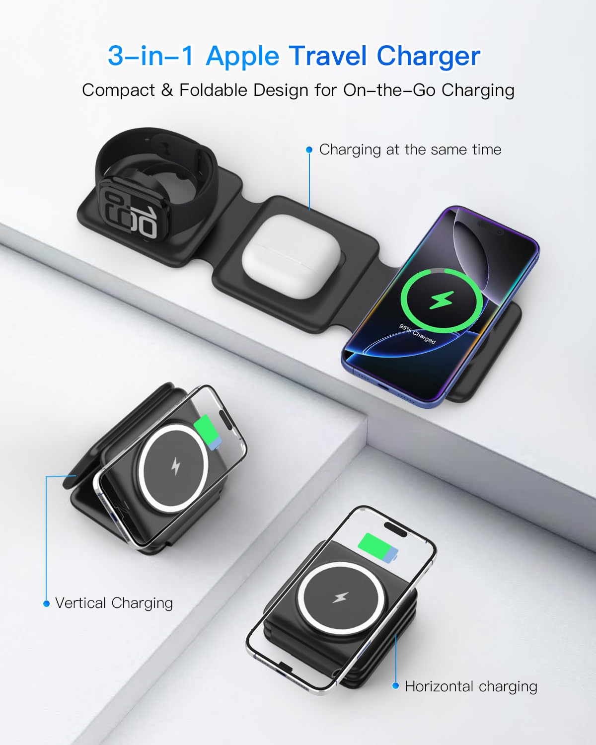 Magnetic Wireless Charger for iPhone: Fodable 3 in 1 Charging Station for Multiple Apple Devices - Travel Charging Pad Dock for Apple Watch iPhone 17 16 15 14 13 12 Pro Max Plus & Airpod