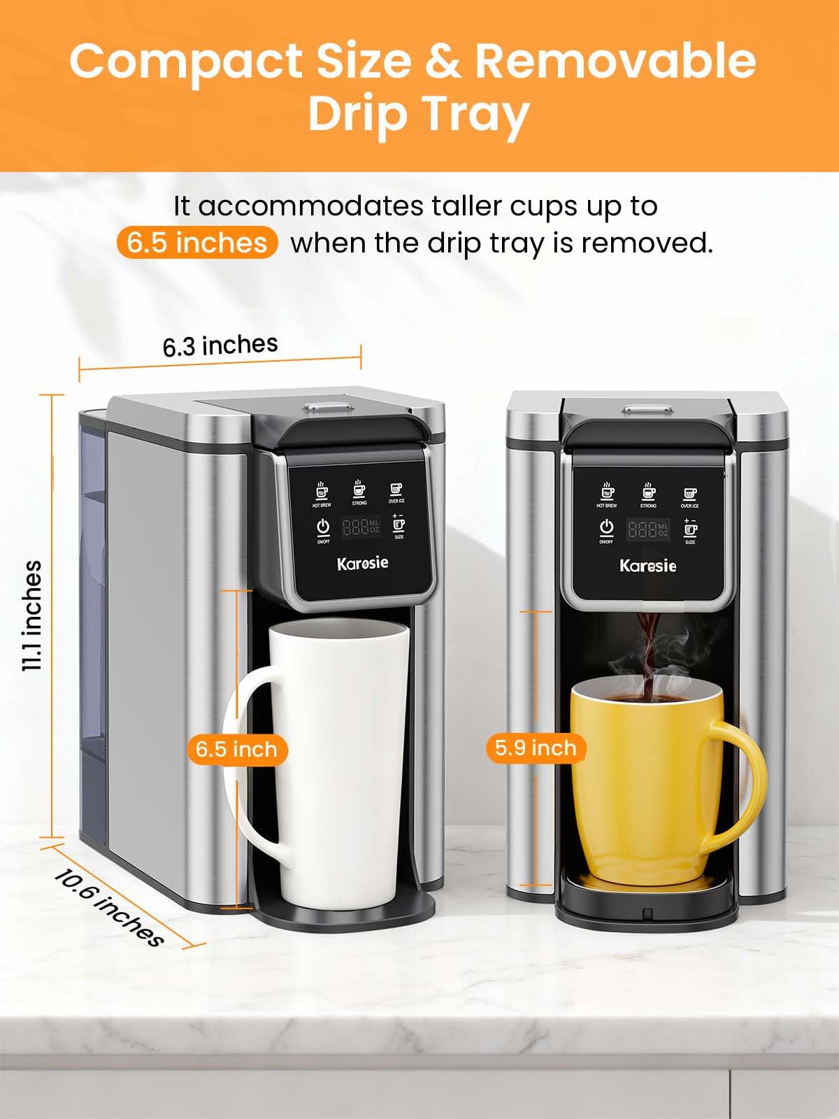 Karosie K Cup Coffee Maker, Hot & Iced Coffee Maker for K Cup and Grounds, 6-14 Oz Brew Sizes, 50oz Removable Tank, Single Cup Coffee Maker with Descaling Reminder, Stainless Steel, Black