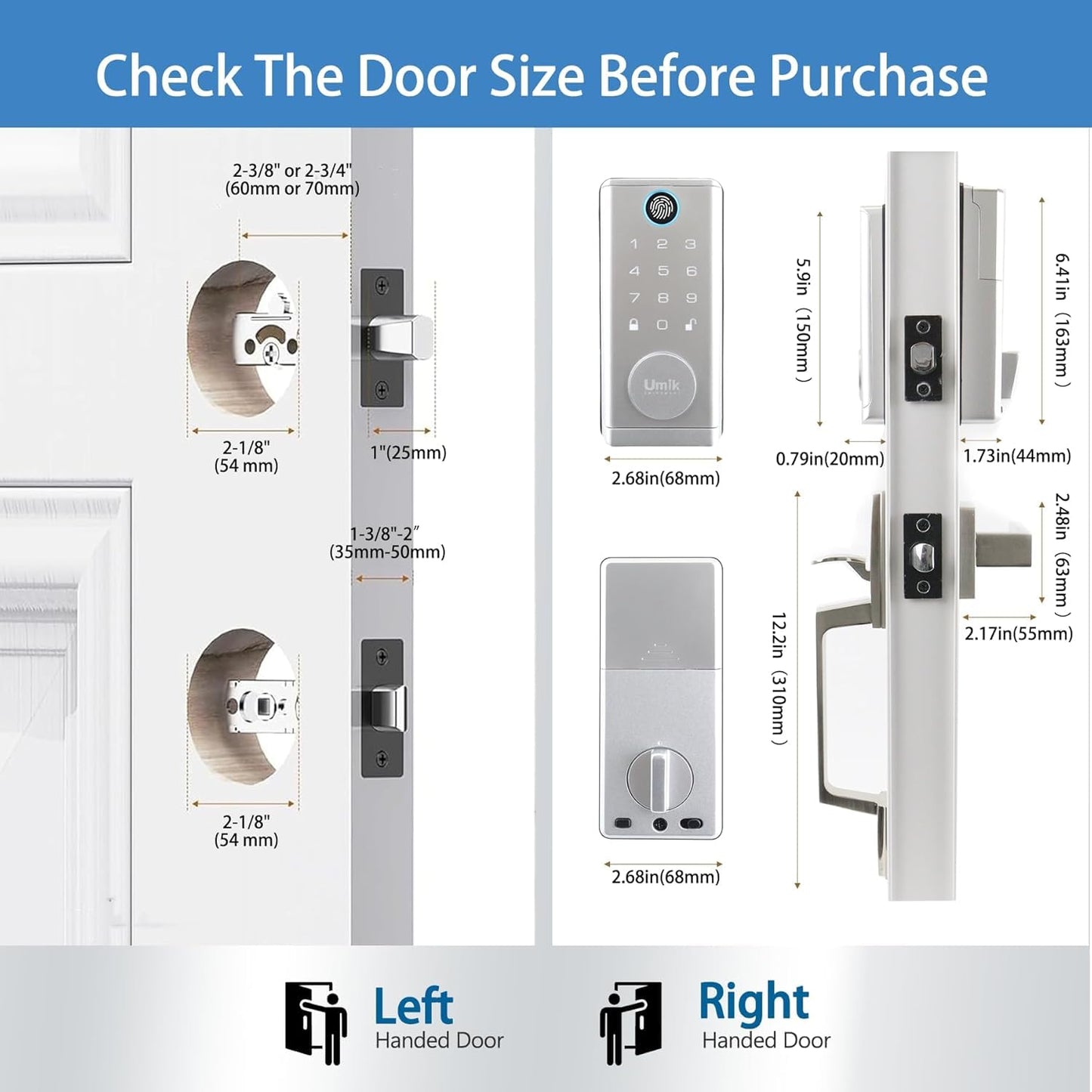 UMIKSMART Smart Door Lock with Handle 7 in 1 Keyless Entry Fingerprint Door Lock with Keypad IC Card Physical Key Tuya App Bluetooth Auto-Lock IP65 Waterproof for US Wooden Doors Matte Silver