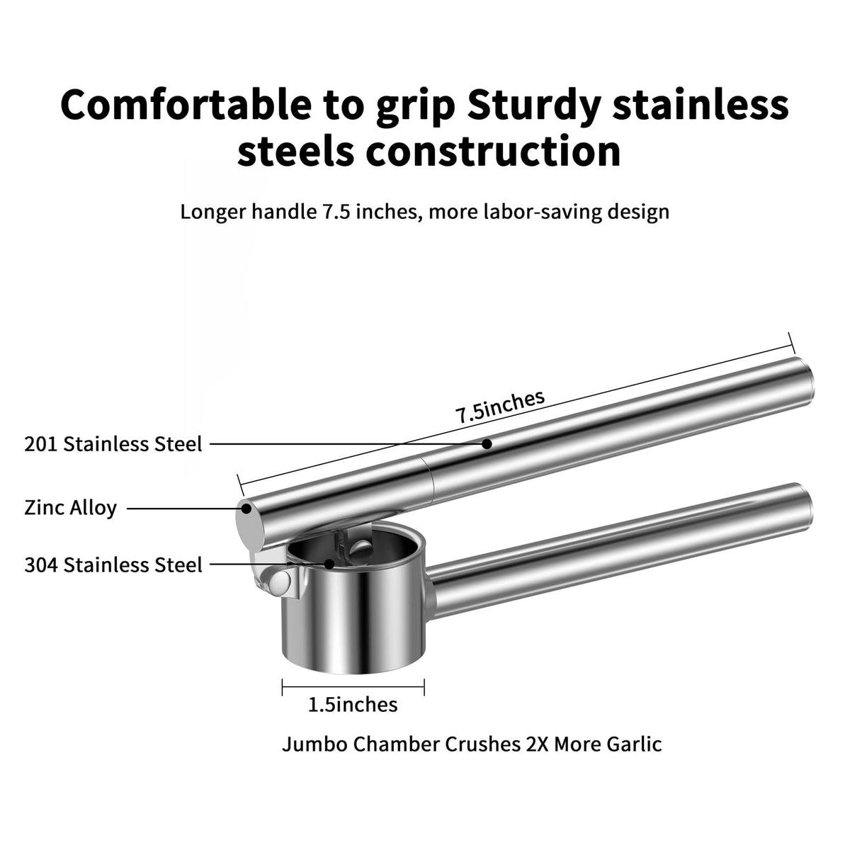 5-in-1 Stainless Steel Garlic Press Set with Jumbo Chamber & Mincer - Heavy Duty Rustproof Garlic Crusher with Ergonomic Handle, Dishwasher Safe, Easy Squeeze Design for Ginger, Nuts, Herbs