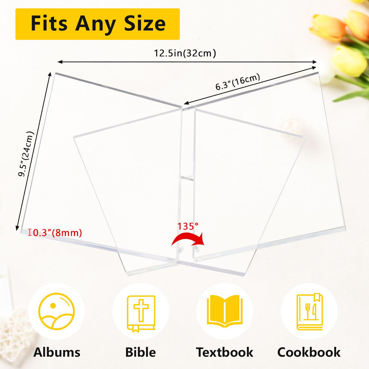 Clear Acrylic Book Stand, 12.5" x 9.5" x 5.7”, Book Holder & Display Stand for Cookbooks, Bibles, Art Books, Recipe Books, Photo Albums, Desk Reading & Coffee Table Décor