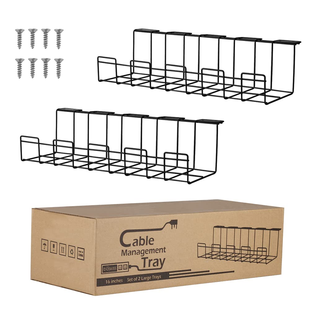 2 Packs Cable Management Tray, 16" Under Desk Organizer for Wire Organization, Metal Holder for Desktop Computer Home Office Kitchen Workstation to Cover and Hide Power Strips (Black)