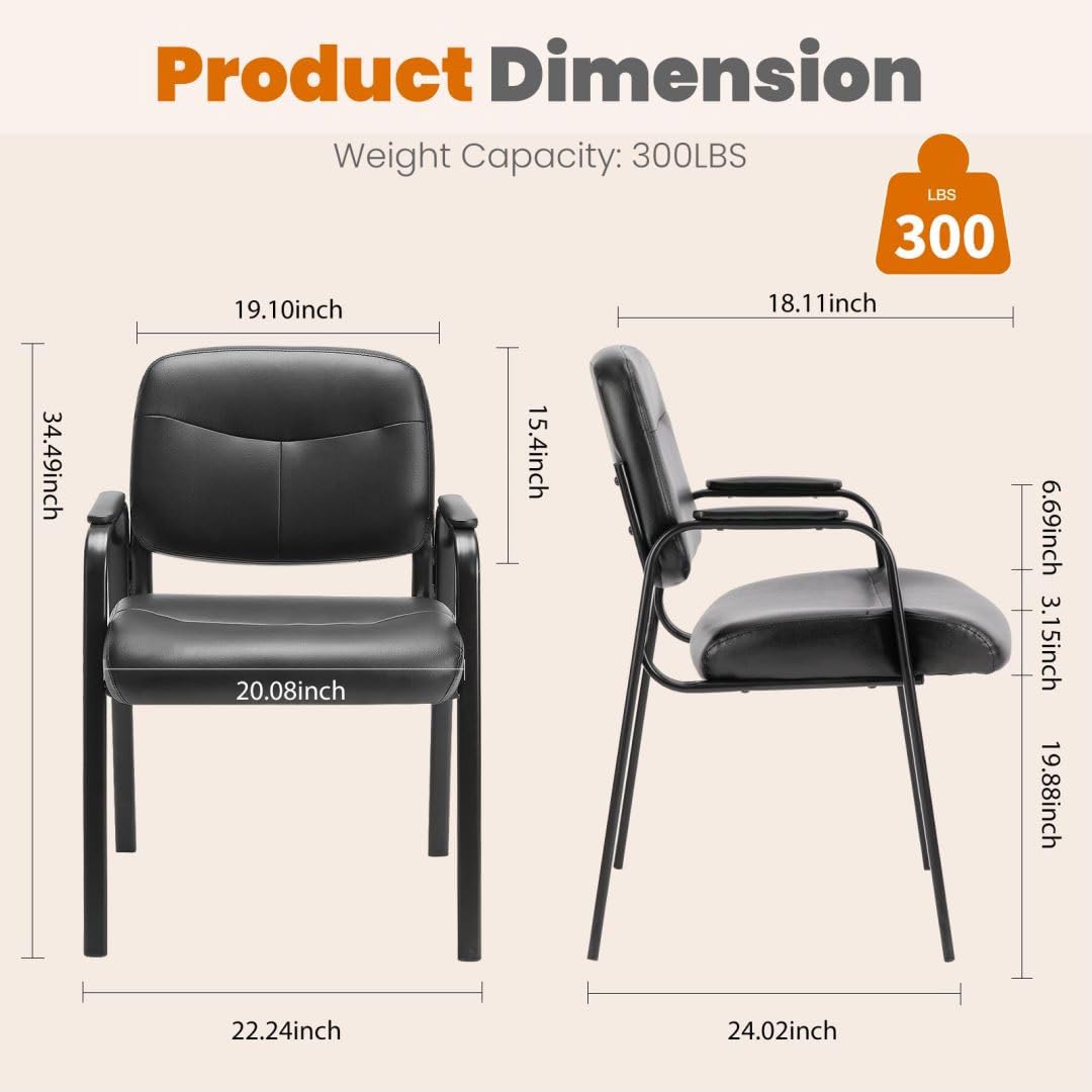 UOCFYK Reception Chairs, Leather Conference Room with Padded Arms and No Wheels for Professional Office Meeting Spaces and Guest Seating，Black-2 Pack