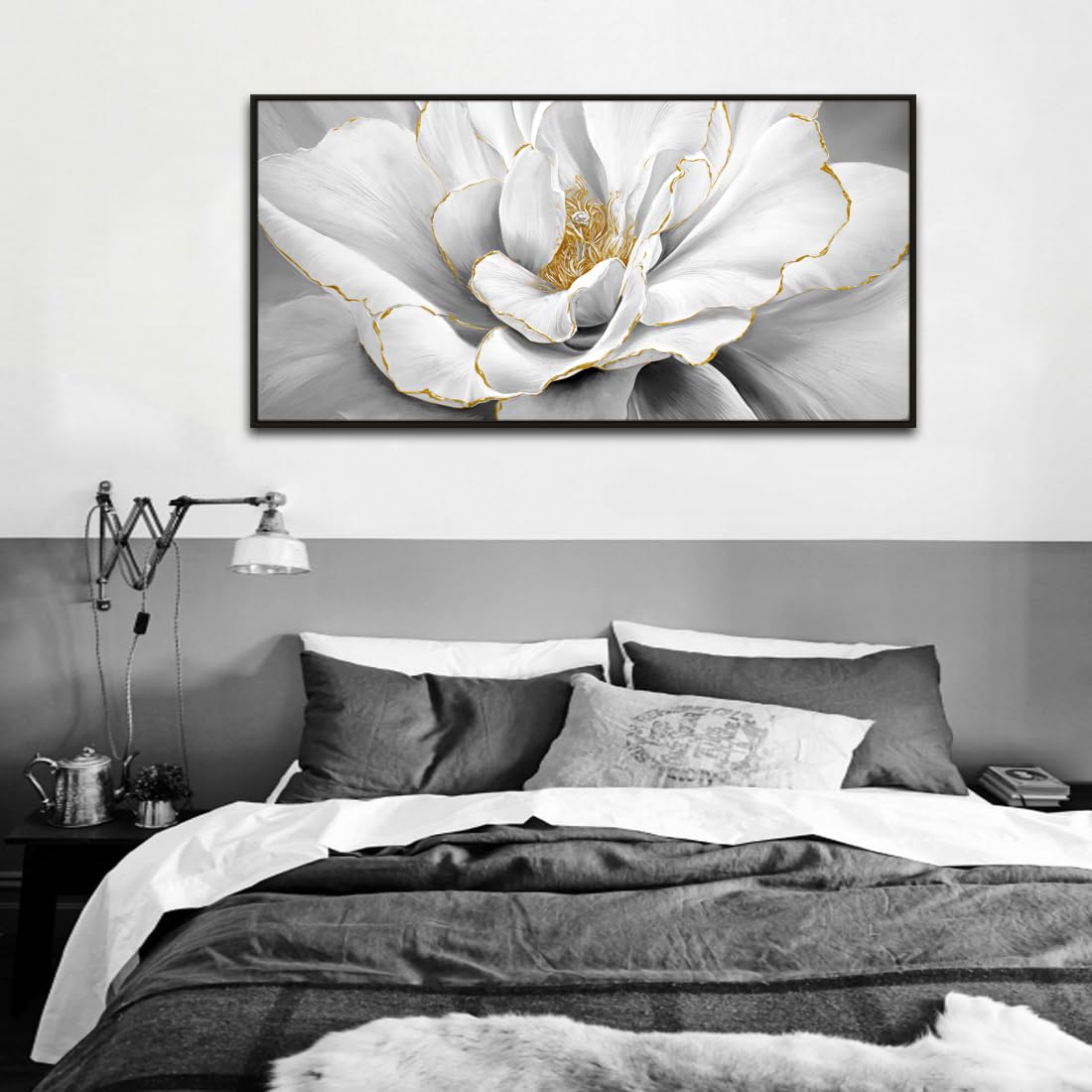 Woxfcart Framed Peony Floral Wall Art, Black and White Dahlias Flower With Gold Accents Print Canvas Artwork for Gray Living Room Bedroom Office Decor, 48 x 24 Inch
