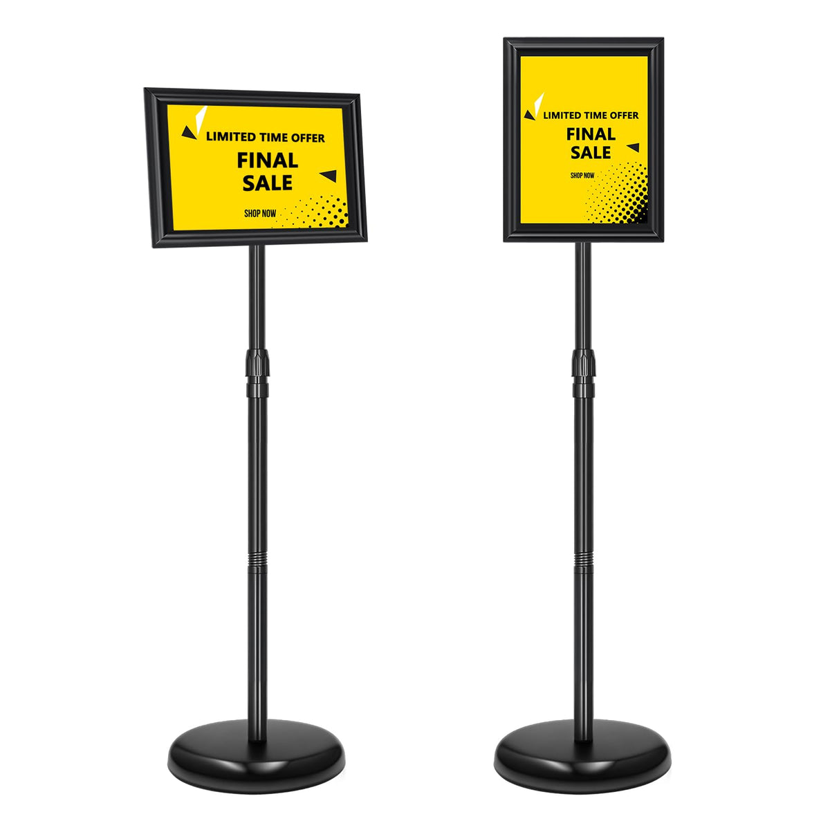 2 Pack Sign Holder Stand 8.5x11 Inch, Adjustable Sign Stand, Floor Standing Sign Holder, Snap-Open Frame Display, 360° Rotation Outdoor Indoor Poster or chalk board Display for advertising,Malls,Black