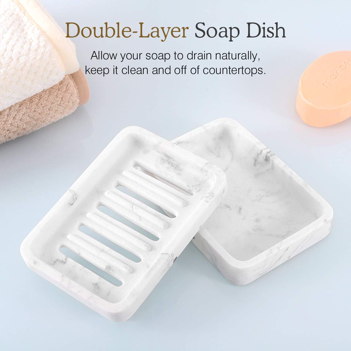 Luxspire Soap Dish Tray, Double Layer Draining Sponge Holder, Detachable Container Box for Bathroom Shower, Kitchen Sink Dish - White Marble