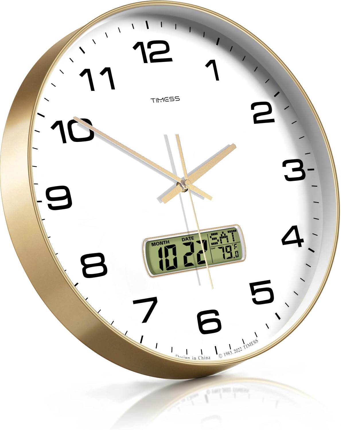 TIMESS Wall Clock, 12" Dial Non-Ticking Silent Battery Operated Analog with LCD Display for Perpetual Calendar and F° Temperature, Ideal Modern Home, Bedroom, Kitchen, Office Decor (Gold)