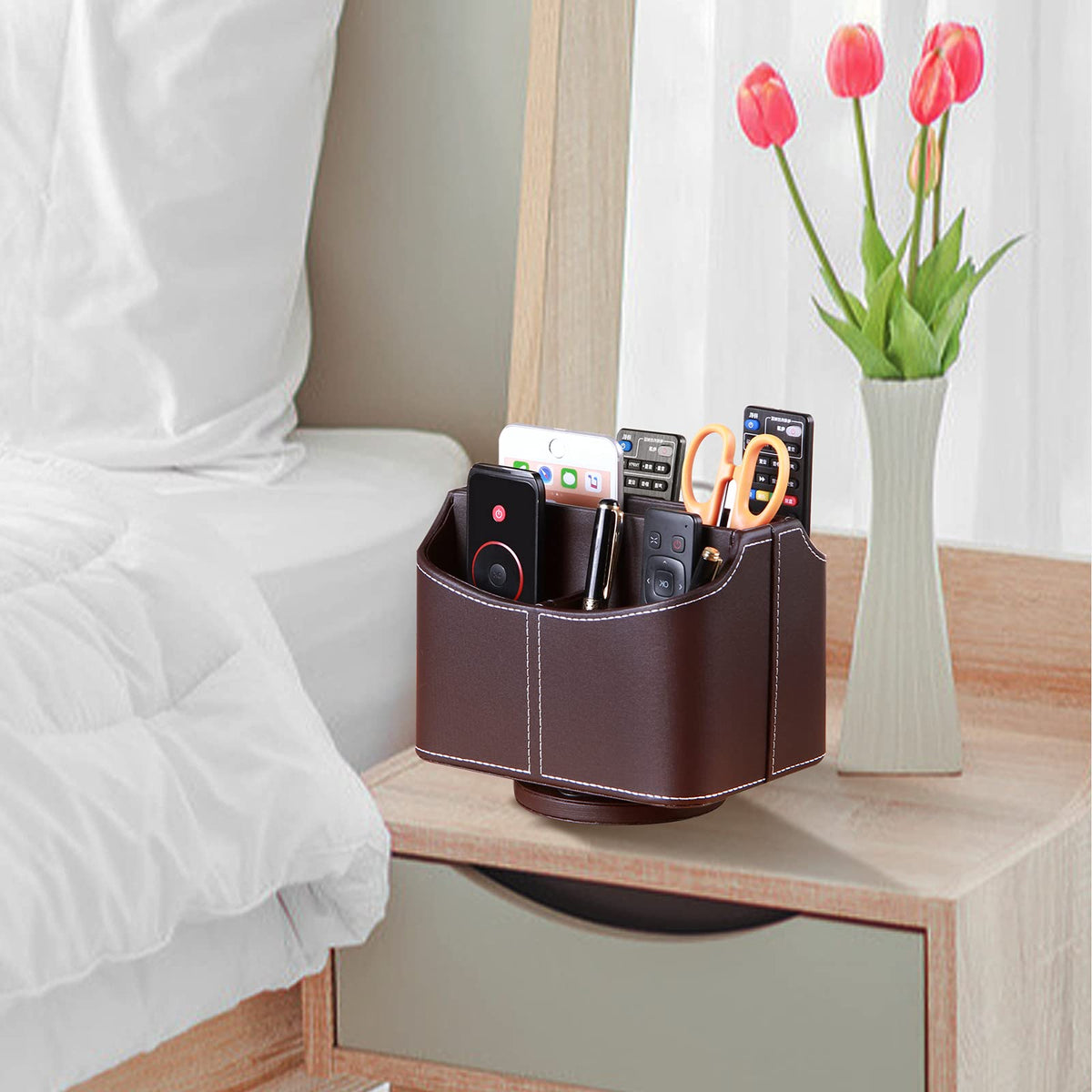 YAPISHI Leather Remote Control Holder, 360 Degree Spinning Desk TV Remote Caddy/Box, Coffee Table Organizer for Controller, Media, Calculator, Mobile Phone and Pencil Storage