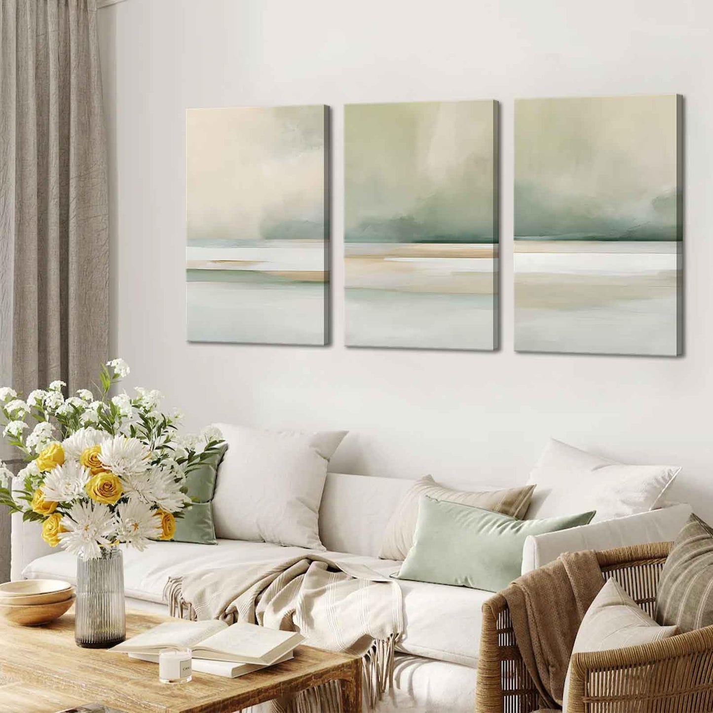 3Pcs Sage Green Canvas Wall Art Modern Neutral Abstract Wall Decor Pictures Minimalist Green Tan Posters Prints for Living Room Bedroom Home Decoration, 12x16in