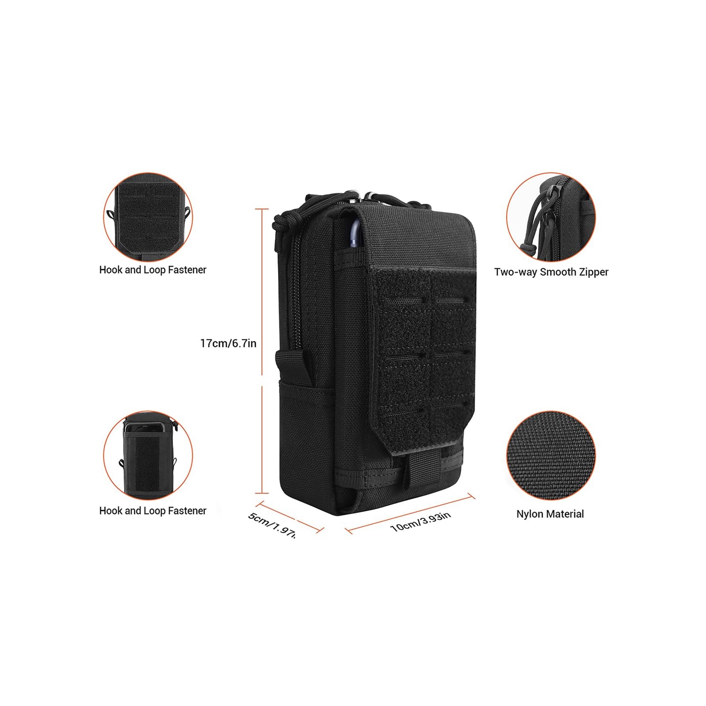 Molle Utility Pouch EDC Cell Phone Pouch for Vests, Tactical Waist Bag for Men Gadget Organizer Pack Purse Mobile Phone Case Hunting Compact Bag U.S.A Patch Carabiner Included, Black