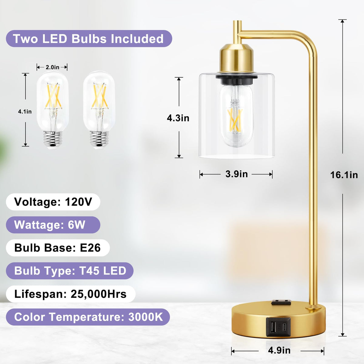 Innqoo Industrial Gold Table Lamp for Bedrooms Set of 2-3-Way Dimmable Desk Lamp with USB C+A Ports and Outlet, Gold Lamps with Clear Glass Shade for Living Room, Desk Lamps for Home Office