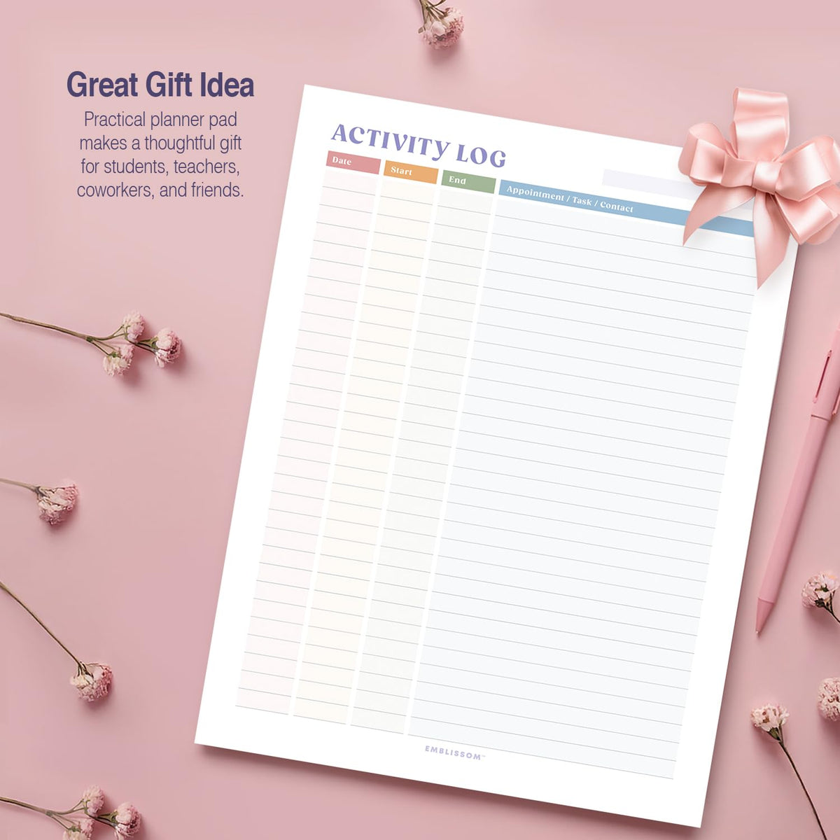 Activity Log Notepad 8.5 x 11 Tear-Off Pad – 70 Undated Sheets Office Project Productivity Planner Contact Action Appointment Task Time Hourly Tracker (White, Colorful, 1 Pack)