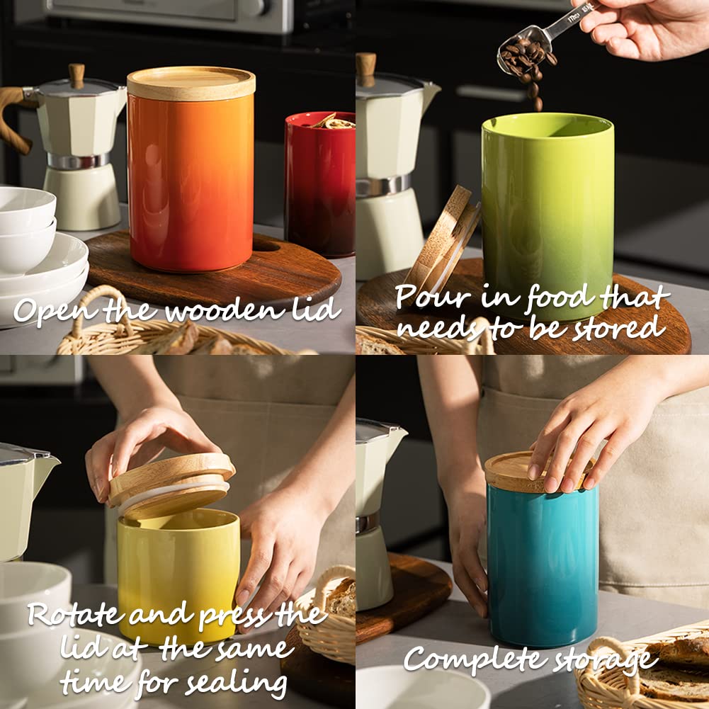Sweejar Ceramic Food Storage Jar, Stackable Kitchen Canisters, Containers with Airtight Seal Wooden Lid for Serving Ground Coffee, Tea, Sugar, Salt and More - 28 Fl Oz (Gradient Orange)