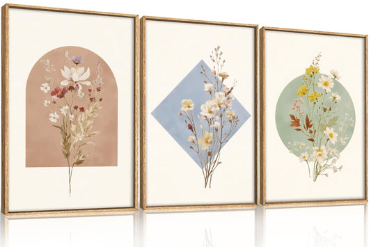 Celestdeco Large Vintage Wildflower Floral Framed Canvas Wall Art Set,Botanical Watercolor Calming Floral Wall Painting,Minimalist Boho Flower Artwork for Living Room,Dining Room,Office Decor -24"x36"x3