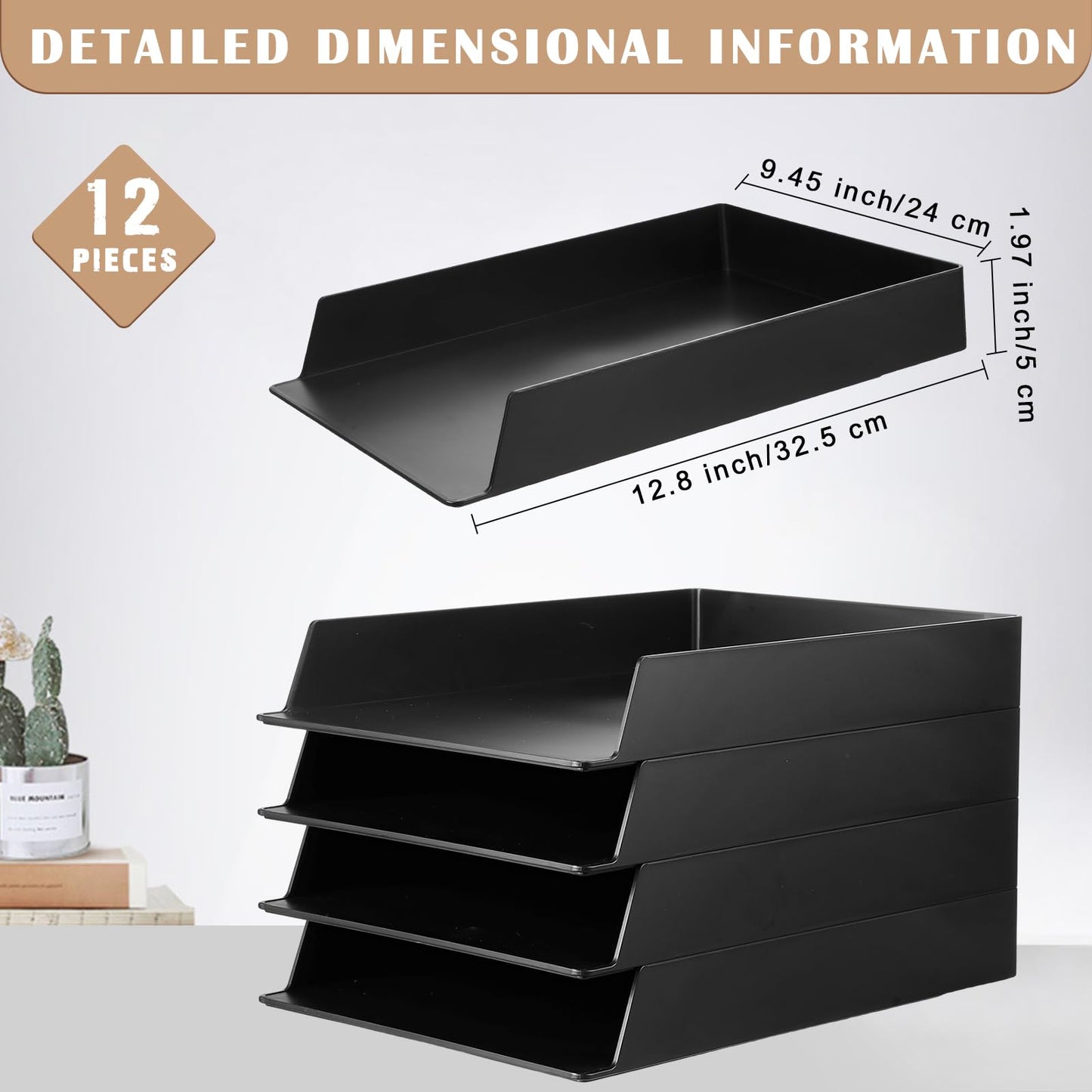 Wenqik 12 Pcs Stackable Paper Trays Rectangular Plastic Desk Holder Desktop Document File Organizer Storage Letter for Office Classroom (Black)