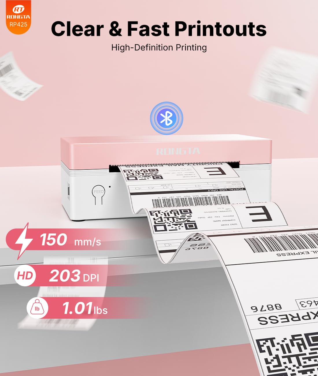 Rongta 4x6 Bluetooth Thermal Label Printer, Wireless Shipping Label Printers for Shipping Packages Small Business Office or Home, Compatible with iPhone Android iPad macOS Windows, Pink