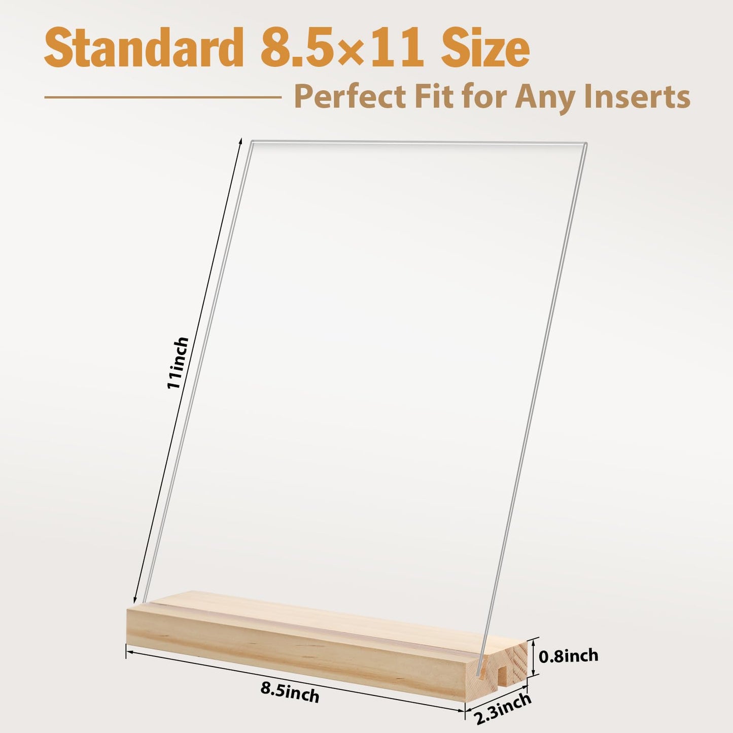 xydstay 6pack 8.5x11 Acrylic Sign Holder with Wood Base for Picture Frames,L/T Shape Double Slot Design for Vertical or Slant Back Display, for Restaurant, Office, School, Store and Home Use