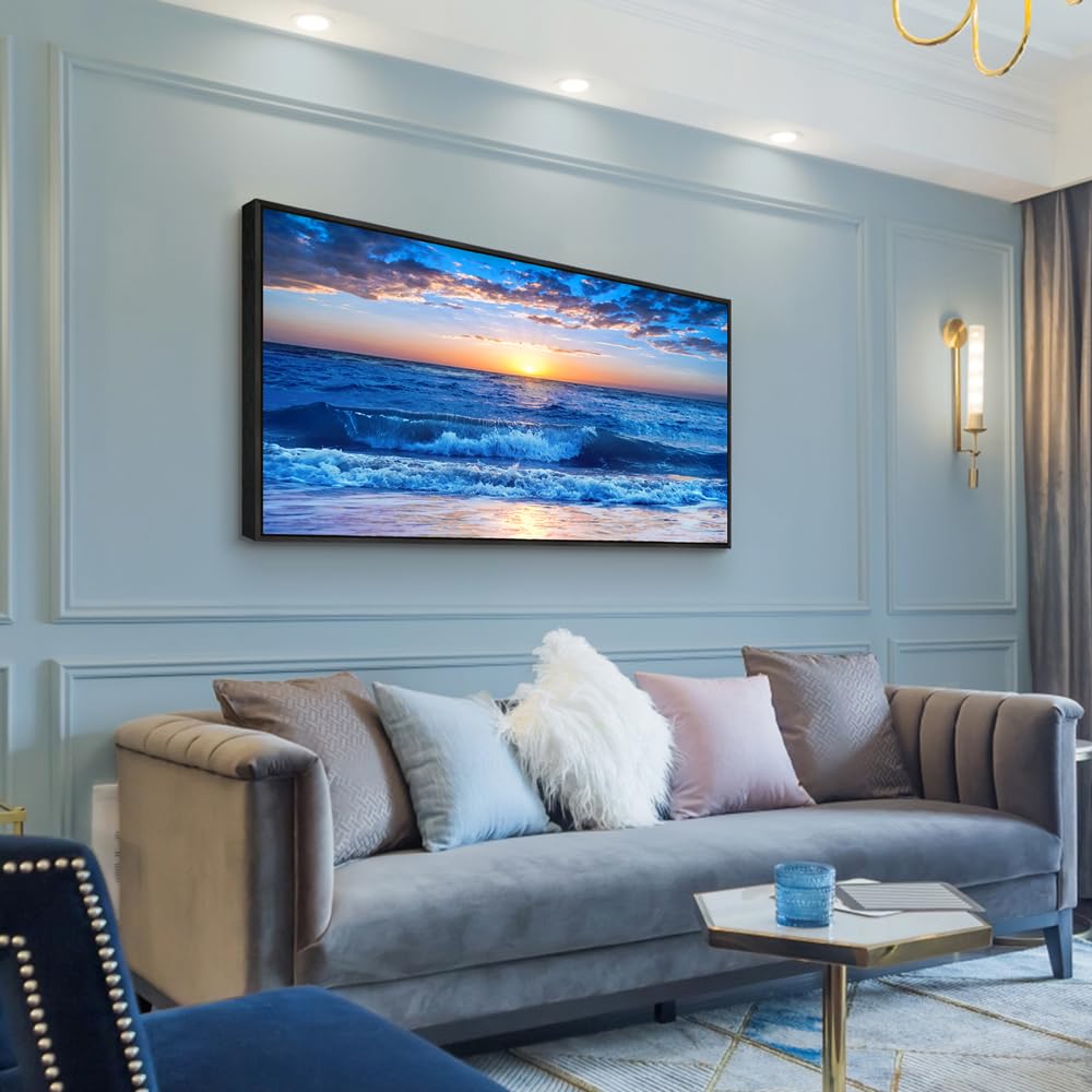 Wapluam Canvas Wall Art - Large Blue Ocean Beach Wall Painting for Living Room, Bedroom, Office - Framed