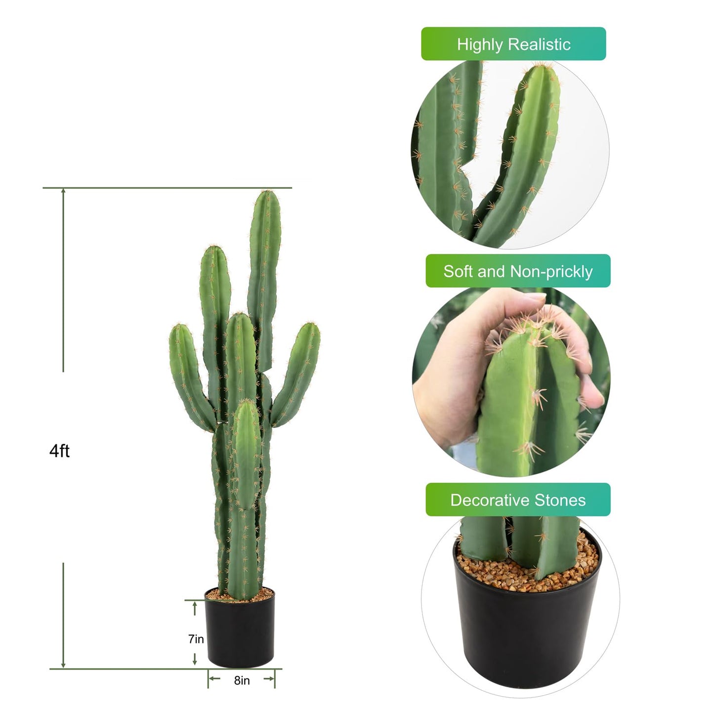Nafresh UV-Resistant Artificial Fake Cactus Plants 4ft – Large Faux Cowboy Cactus for Indoor & Outdoor Home, Office, or Garden Decor