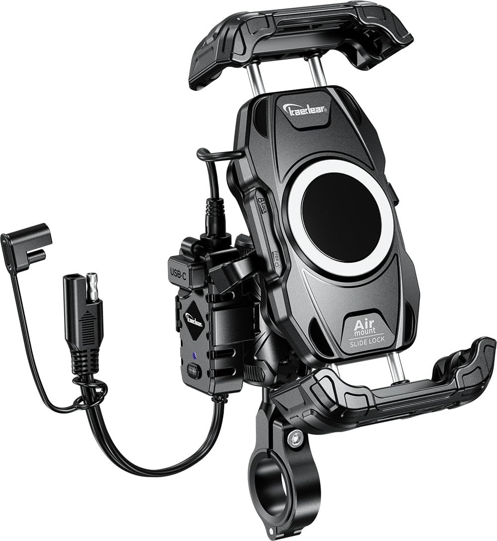 Kaedear Motorcycle Smartphone Holder, Air Mount Vibration Absorption, QI & USB Charging, Fast Wireless Charging, IP66 Waterproof, Quick Release, Locking System, Air Mount, Slide Lock KDR-M28A