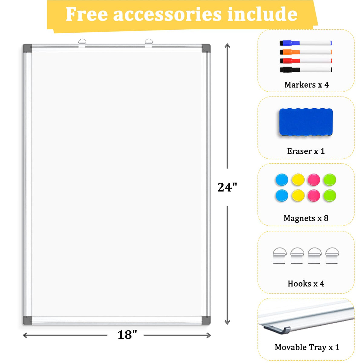 AMUSIGHT Double-Sided Magnetic Whiteboard, 24" x 18" Dry Erase Board Aluminum Frame for Wall, White Board Marker Board for Kitchen, Memo, School, Home, Office