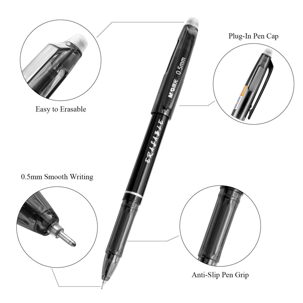 M&G Erasable Gel Pens, 12 Pcs Erasable Pen Fine Point 0.5mm, Black Erasable Gel Ink Pen with Comfort Grip and Cap, Make Mistakes Disappear for Drawing Writing Planner and Crossword Puzzles
