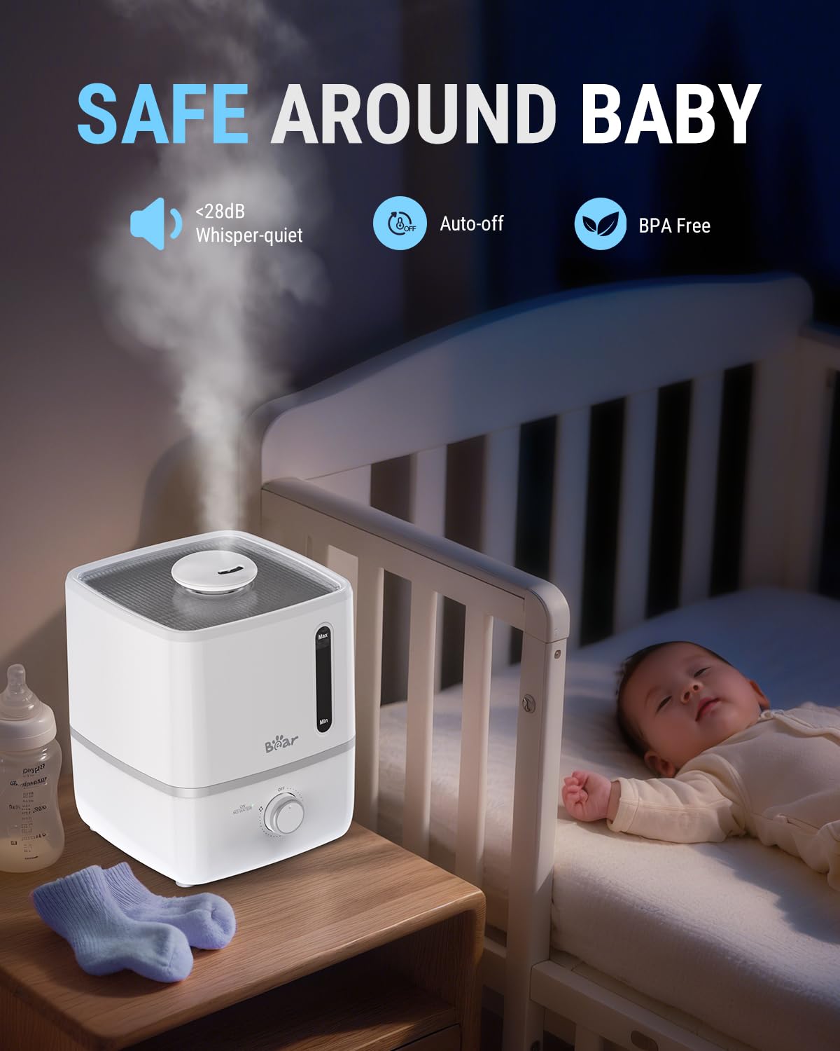Bear Humidifiers for Bedroom, 2.5L Cool Mist Humidifiers and Oil Diffuser, Quiet Rapid humidifiers for Home Whole House, with Adjustable Mist Output and Auto Shut-off, White