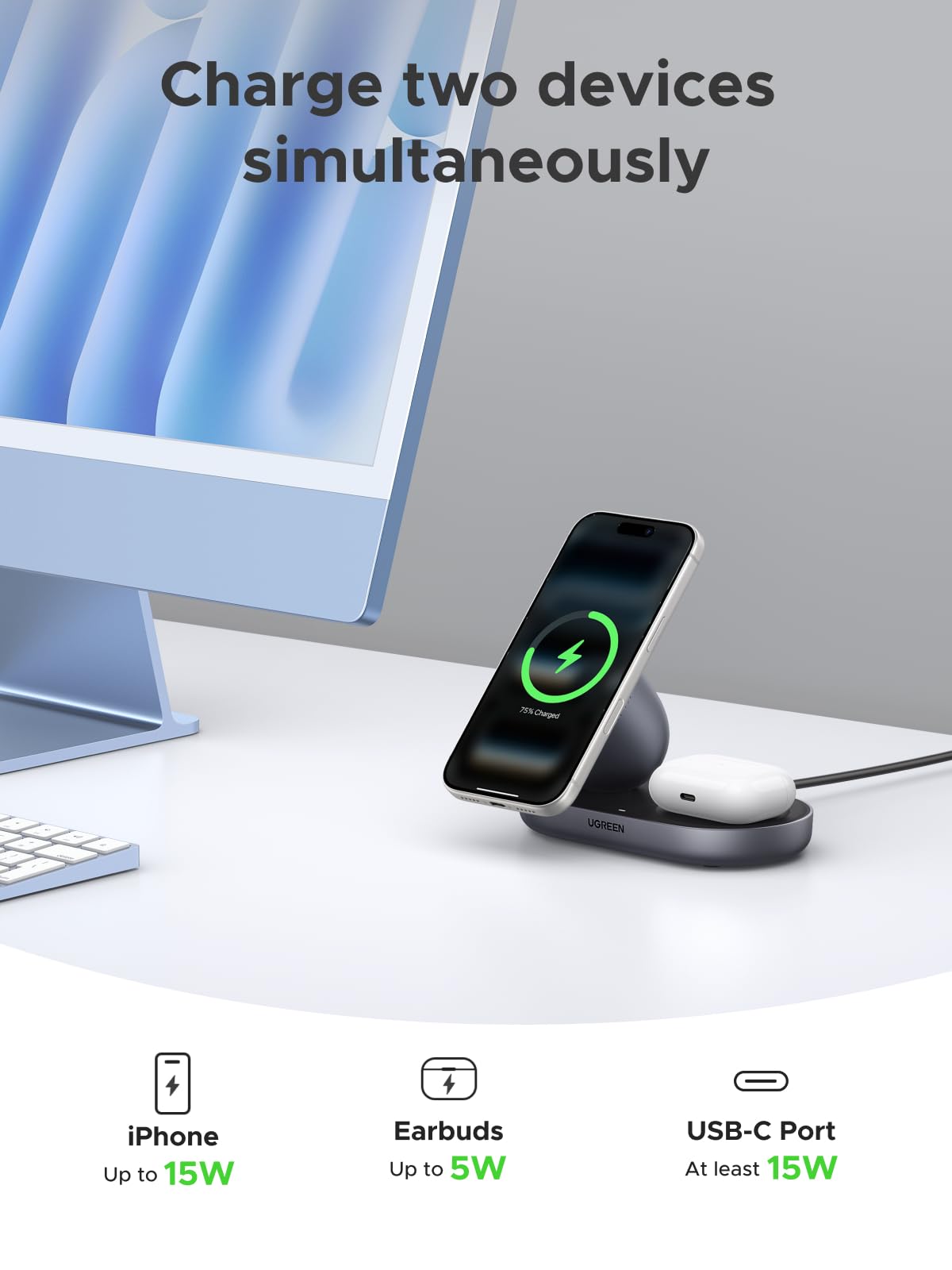 UGREEN Qi2 15W Wireless Charger 2-in-1, MagSafe Compatible Fast Charging Stand for iPhone 17 16 15 14 13 12 Series and AirPods, Fixed Viewing Angle, Compact Desktop Charging Station