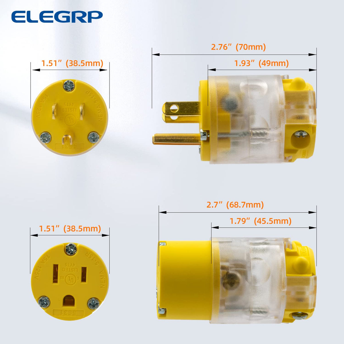 ELEGRP Lighted Straight Blade Electrical Plug and Connector Set 15 Amp 125 Volt NEMA 5-15P NEMA 5-15R 2 Pole 3 Wire Grounding, Commercial Grade, Yellow, 5 Set