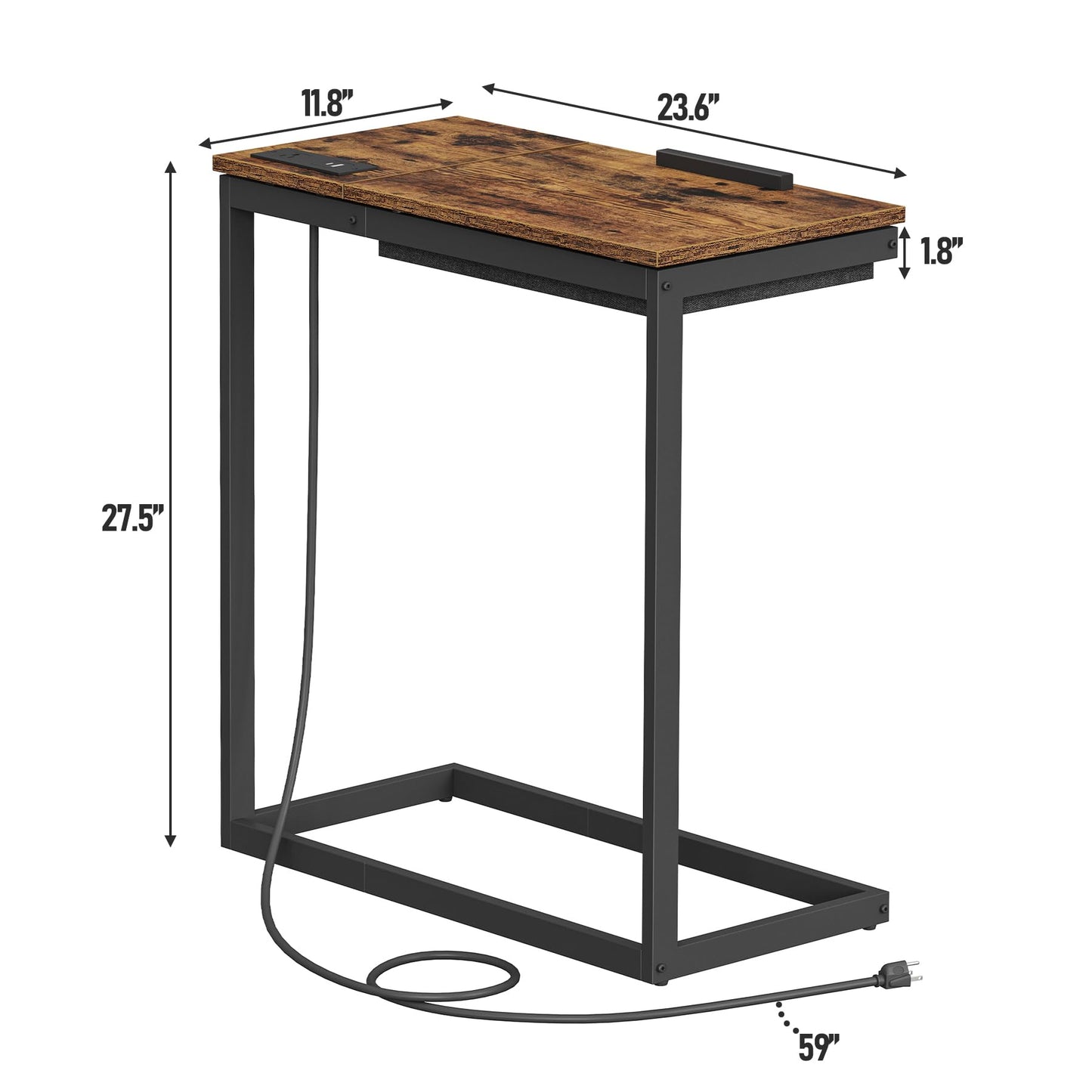 TUTOTAK C Shaped End Table with Charging Station, Tilting Laptop Stand Side Table, Under Couch Table for Living Room Bedroom, Brown TB01BB090