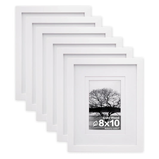 Egofine 8x10 Picture Frames Set of 6, Made of Solid Wood Covered by Plexiglass Display 4x6 and 5x7 with Mat or 8x10' without Mat, for Table Top Display and Wall Mounting Photo Frame White