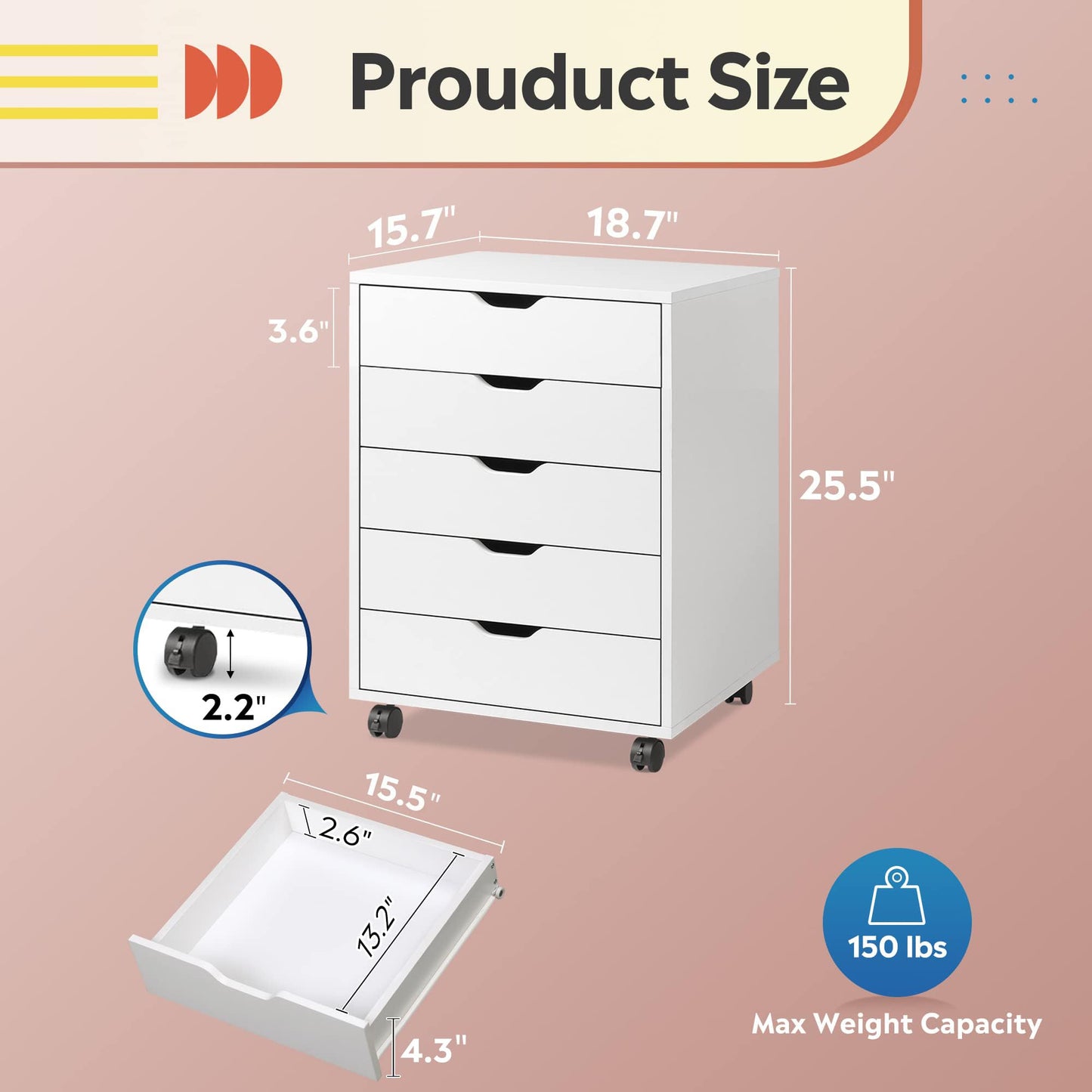 DEVAISE 5-Drawer Filing Cabinet Under Desk, Wood Storage file Cabinet with Wheels, White