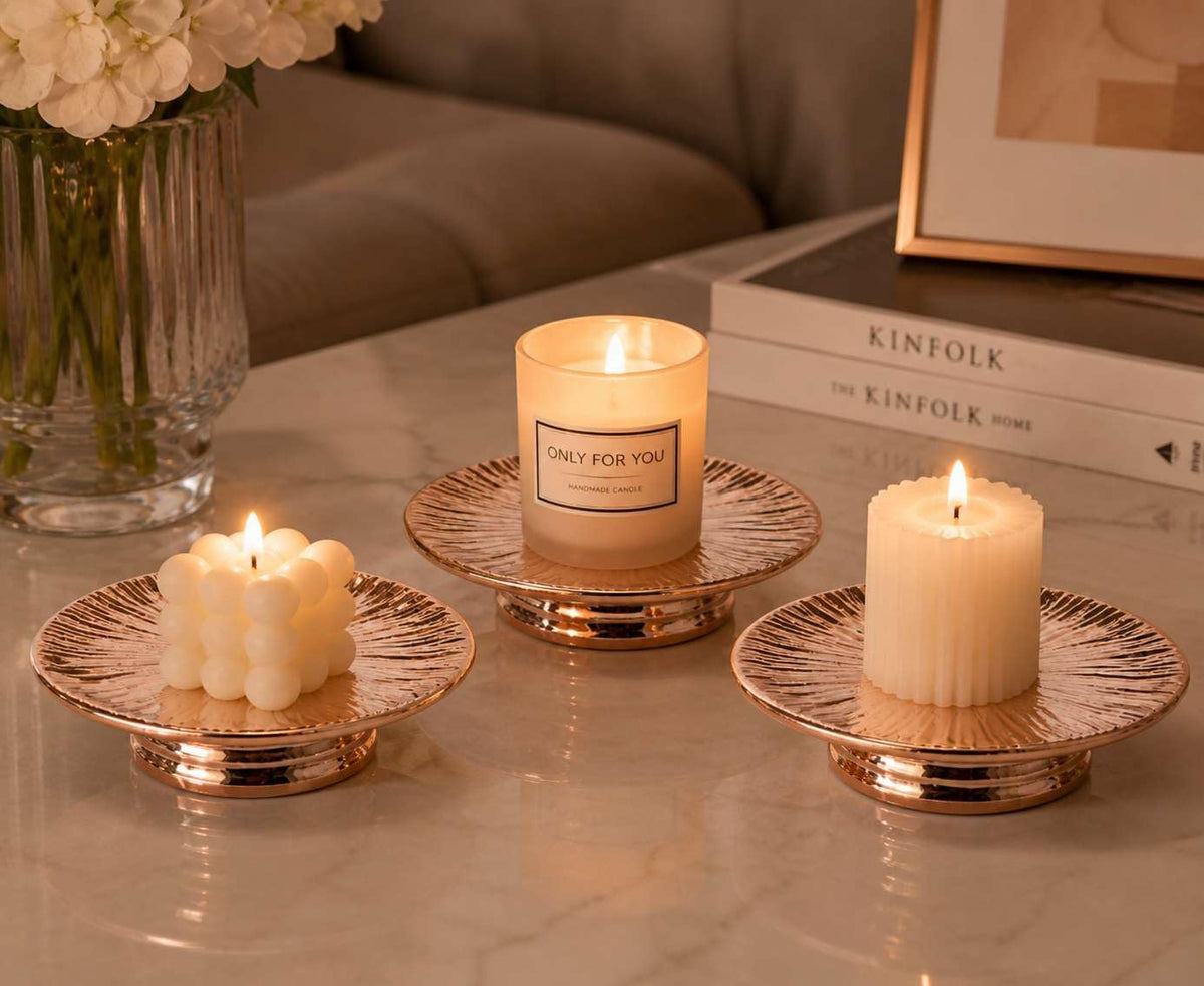 ADAVAS.Y&G Ceramic Rose Gold Candle Plate Set, 3-Piece – Decorative Candle Holder Tray for Pillar Candles, Jewelry, Stand for Flower vases – Elegant Wedding Decor and Table decoratives