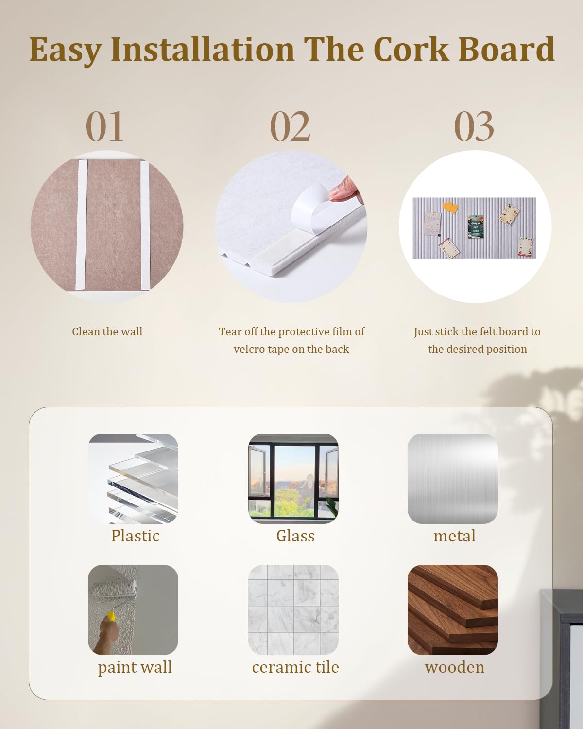Rokeblau 24 x 16 inches Large Bulletin Board, Decorative Felt Pin Board, 0.35“ Thick Foldable Photo Display Board with Self-Adhesive Tape, Vision Board for School Home Kitchen Office Walls - Beige