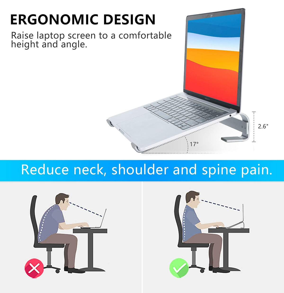 KYQEE Ventilated Laptop Stand for Desk, Ergonomic Aluminum Laptop Riser, Computer Stand for Laptop, Compatible with MacBook Air Pro, Dell, HP, More 11-17.3 Inches Notebook, Work from Home (Silver)
