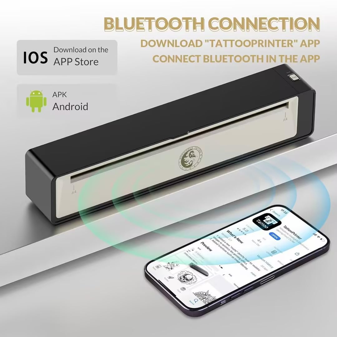Wormhole Tattoo Stencil Printer, Wireless Bluetooth Tattoo Printer with 2500mAh Battery, Portable Tattoo Thermal Copier Machine Compatible with Smartphones & PC N202007