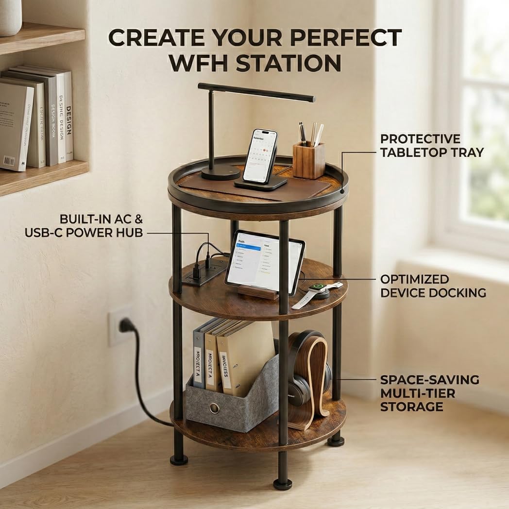 Small Round Side Table with Charging Station for Small Spaces, 3-Tier Round Accent Table with USB Ports & Power Outlets, Corner Table Sofa End Table for Living Room Bedroom (USB Charger, Rustic Brown)