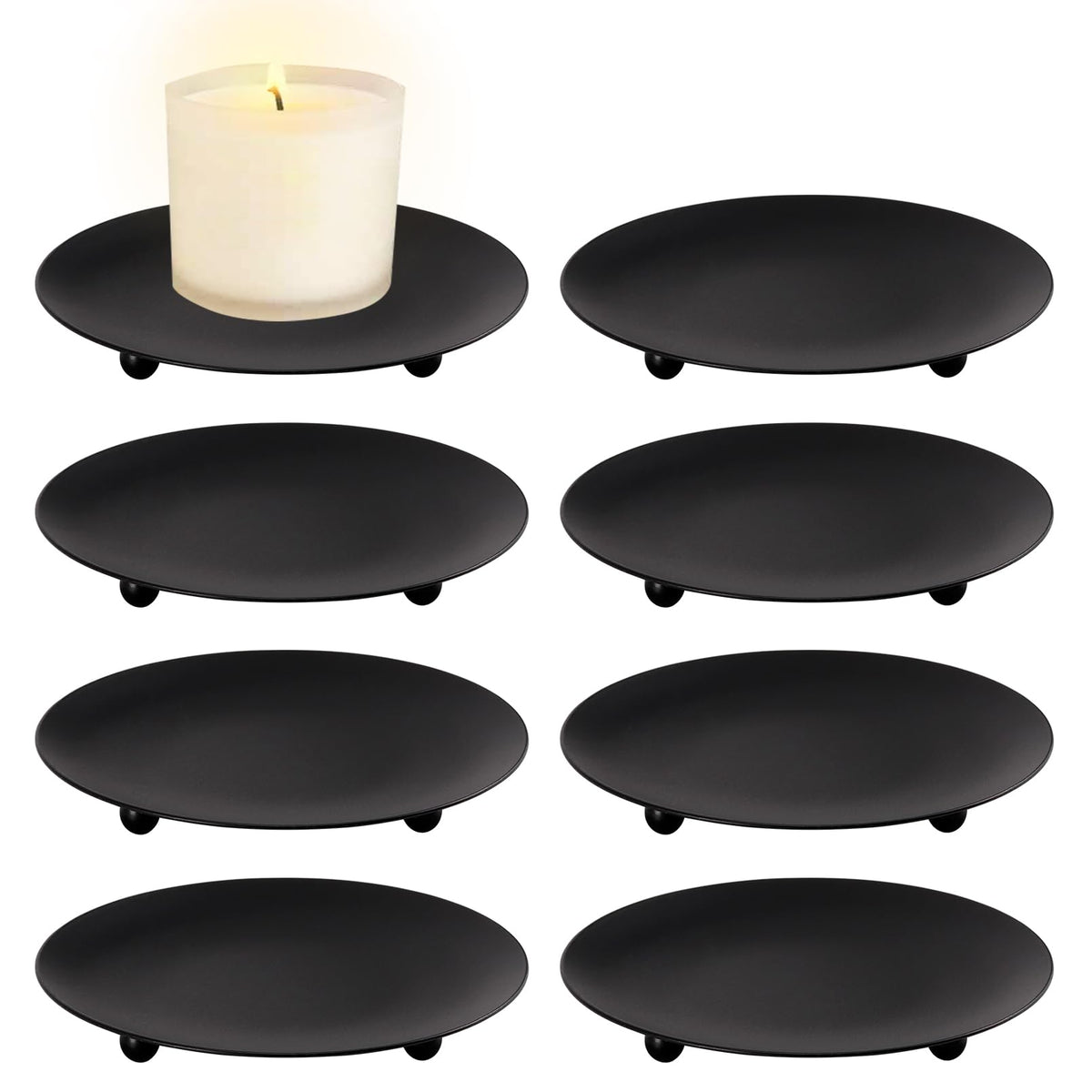 JEFHOMKIT Iron Plate Candle Holder Set of 8,Black Candle Stand Plate,4 Inch Candle Holders for LED & Wax Candles,Decorative Pillar Candle Plate for Valentines Weddings Party Decorations
