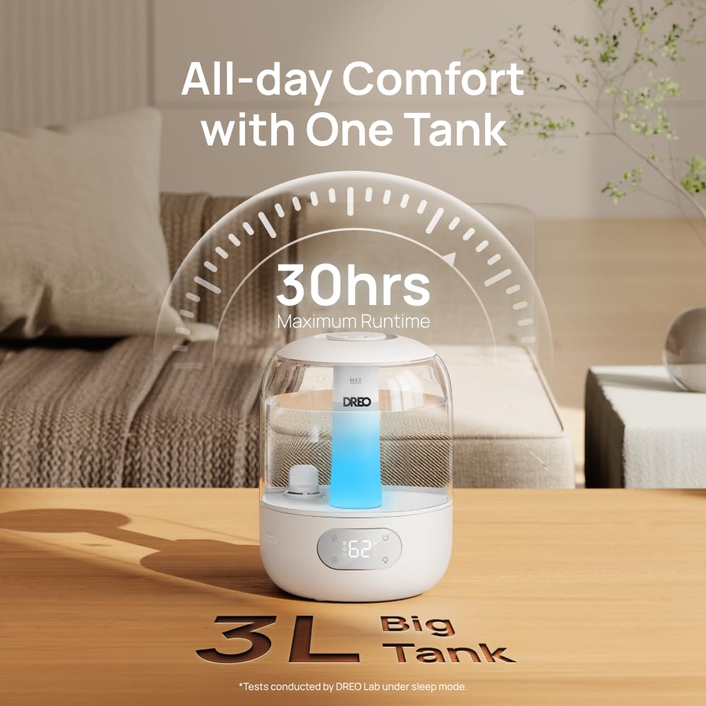 DREO Humidifiers for Bedroom, 3L Top Fill 30H & 26dB Quiet Runtime for Large Room, Cool Mist Ultrasonic Humidifier with Humidity Sensor, Night Light for Home, Baby, Nursery, Plants, New Edition