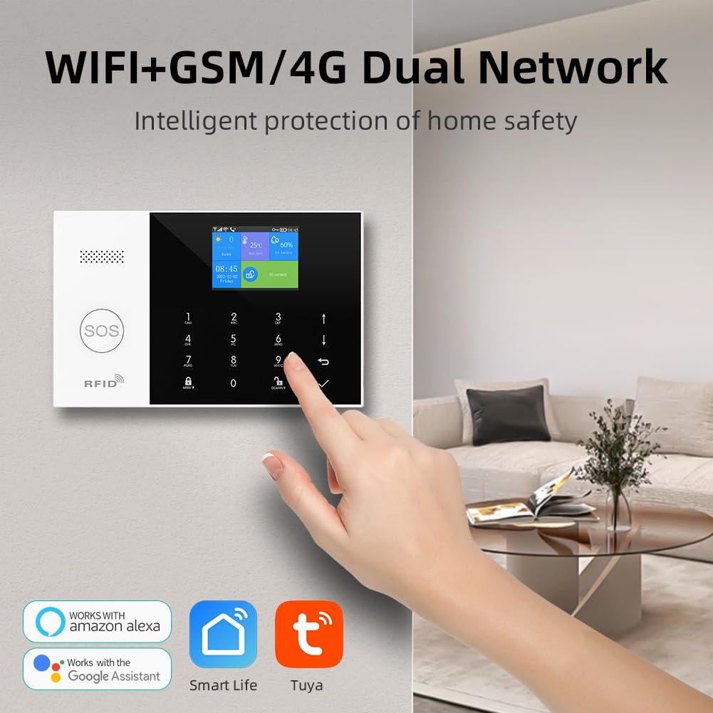 YBJ 4G and WiFi Wireless Home Alarm System, DIY Burglar Alarm System for Home Security with App Control, Door Window Sensor, Motion Detector,Work with Google Assistant and Alexa (PG-105-F)