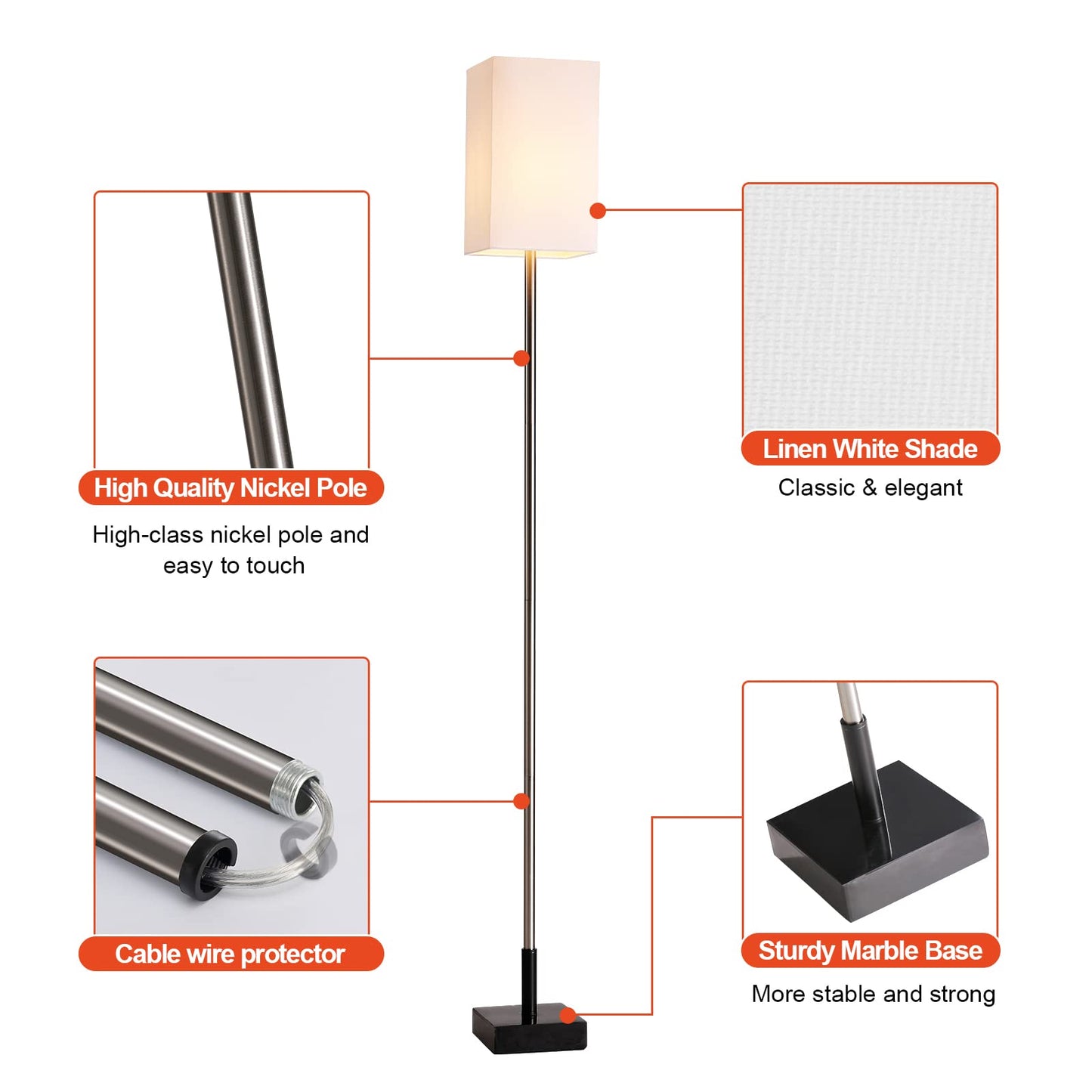 FIGDIFOR Floor Lamp, 3-Way Touch Control Dimmable Standing Lamp with Sturdy Marble Base, Brushed Nickel Touch Floor Lamp Tall Lamp with Square Linen Shade for Living Room, Bedroom, LED Bulb Included
