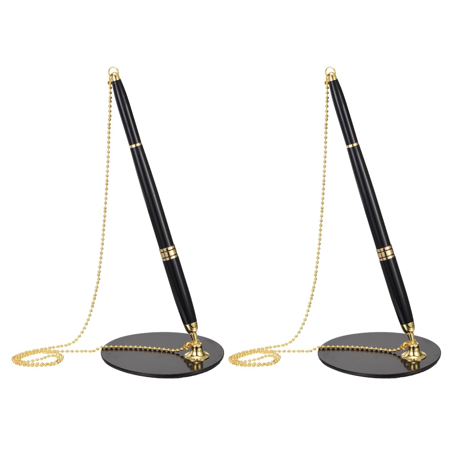 PATIKIL Secure Pen with Chain and Adhesive Pen Holder, 2Pcs Reception Counter Desk Pen with Security Pen Holder for Office Bank Hotel Lobby, Black Gold